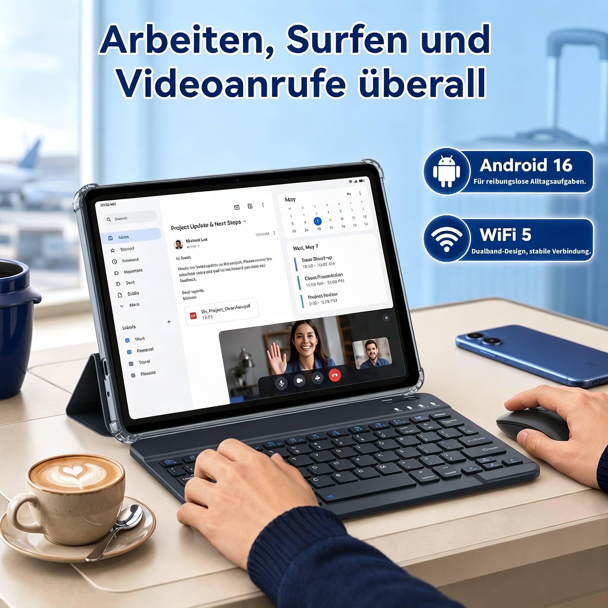 2026 T70 Tablet 11 Zoll Android 16 , 32 GB RAM + 256 GB ROM, 8000 mAh | Arbeit und Studium: inklusive Maus, Tastatur Kopfhörern, Eingabestift , Hülle und Displayschutzfolie, Bluetooth 5.0