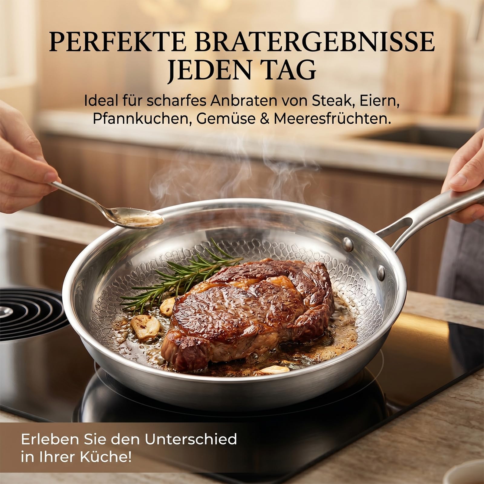 Titan Pfanne, Titan Bratpfanne, 28 CM Titanium Pfanne Unbeschichtet,Titanium Hammered Pan Pro mit Deckel, Physikalische Antihaft-Struktur durch gehämmertes Muster, Für alle Herdarten Induktion
