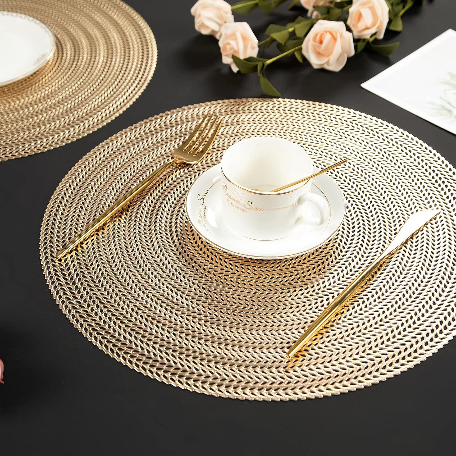 Agee Home Decor® Golden mats Round PVC Placemats Pressed Vinyl Metallic placemats for Dining Table Washable Non Slip Round mats 14" Round (Gold Flower, 6pc) (B09MFN1SP2) Amazon Price History, Amazon Price Tracker