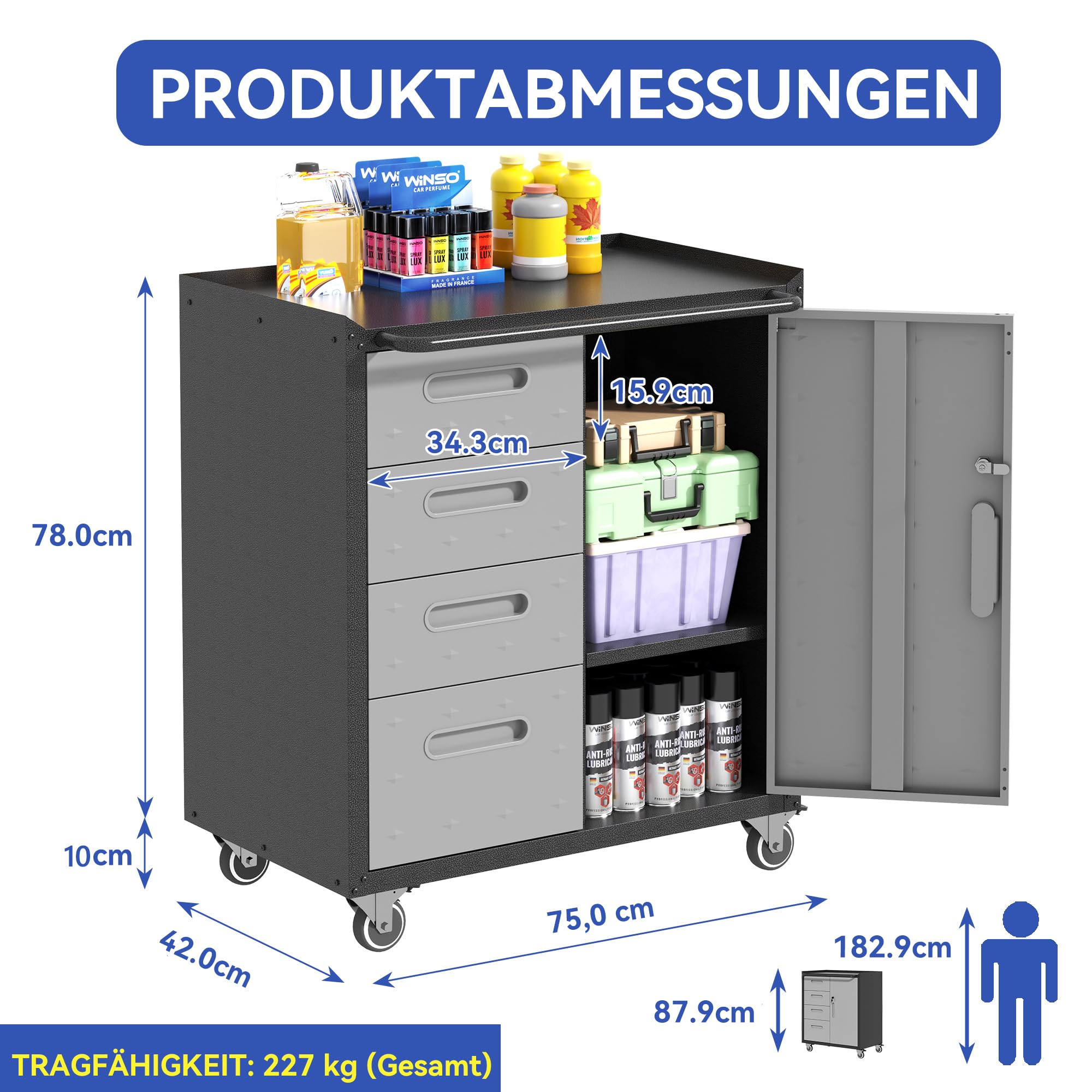 Generisch Stabilna metalowa szafka na narzędzia z 4 szufladami + zamykana półka, nośność 90 kg i kółka obrotowe 360°, 75 x 42 x 88 cm – do garażu, warsztatu, gospodarstwa domowego