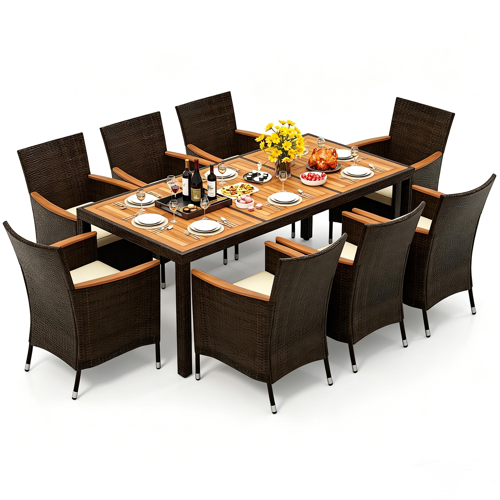 SOARS Set da Giardino Esterno 9 Pezzi, Tavolo e Sedie da Giardino in PE Rattan con Foro per Ombrellone 5 CM, Salotto da Esterno con Cuscini Morbidi per Terrazza e Patio, Portata 180 KG e 150 KG