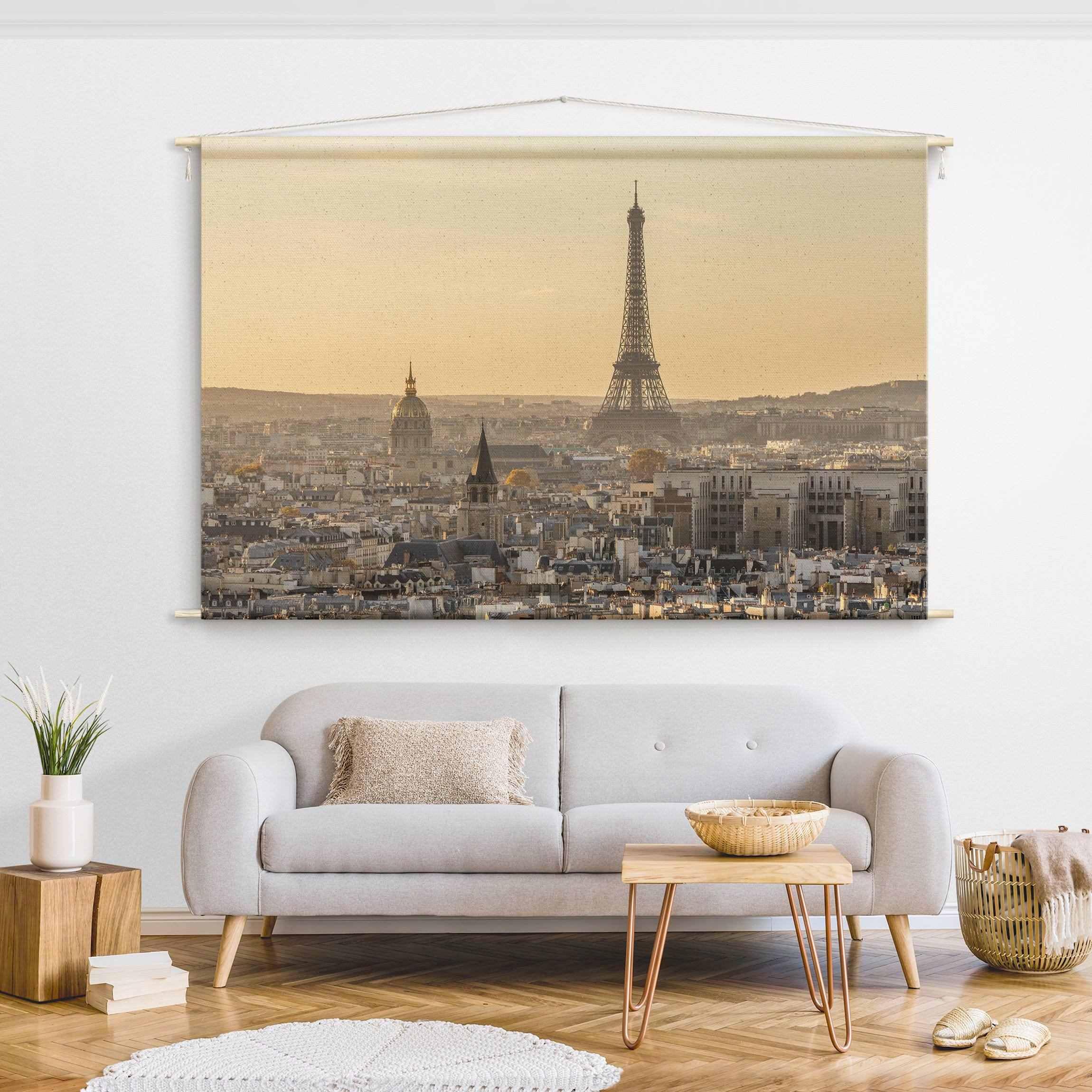 micasia Wandteppich Matteo Colombo Skyline Stoffbild inkl. Holzstäbe & Seile Wanddeko - Made in Germany - Paris Retro Vintage beige Wohnzimmer Schlafzimmer Wandbehang 1658 (205x137cm)