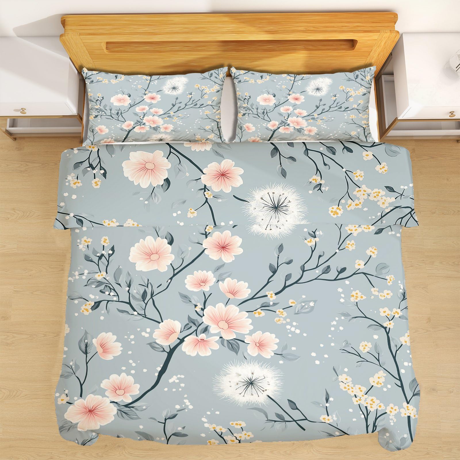 Housse de couette 140x200 pissenlit en microfibre avec taie d'oreiller rustique