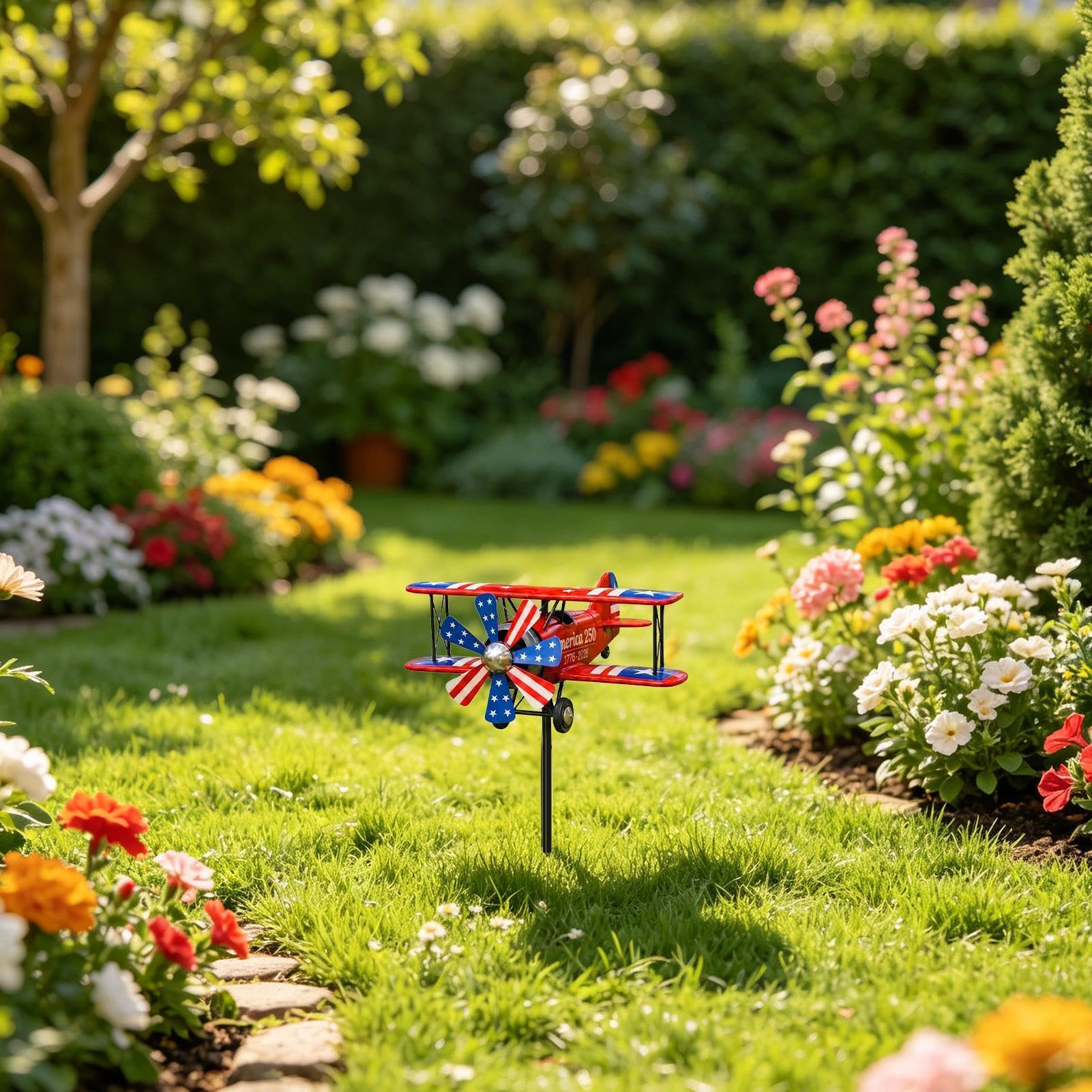 Airplane Yard Wind Spinner - 4th of July Biplane Pinwheel Garden Windmill | Patriotic Outdoor Lawn Decoration Rotating USA for Garden, Patio, Porch, Landscape Decor