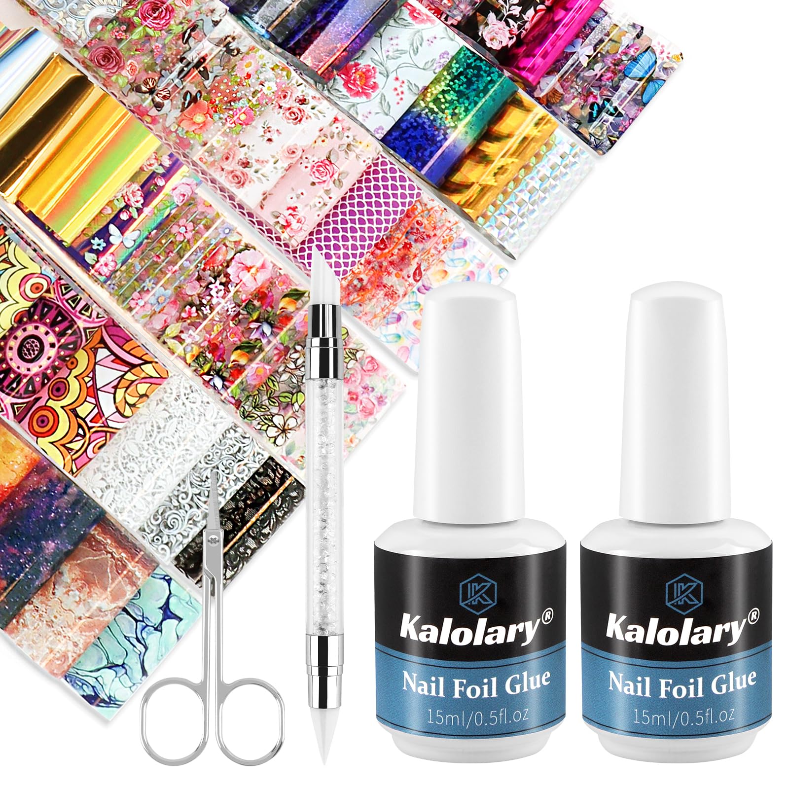 Kalolary Kit Nail Art Foil – Gel Colla per Unghie + Foil Olografiche + Penna Pressa + Forbici – Decorazione Unghie Effetto Laser per Manicure DIY o Salone