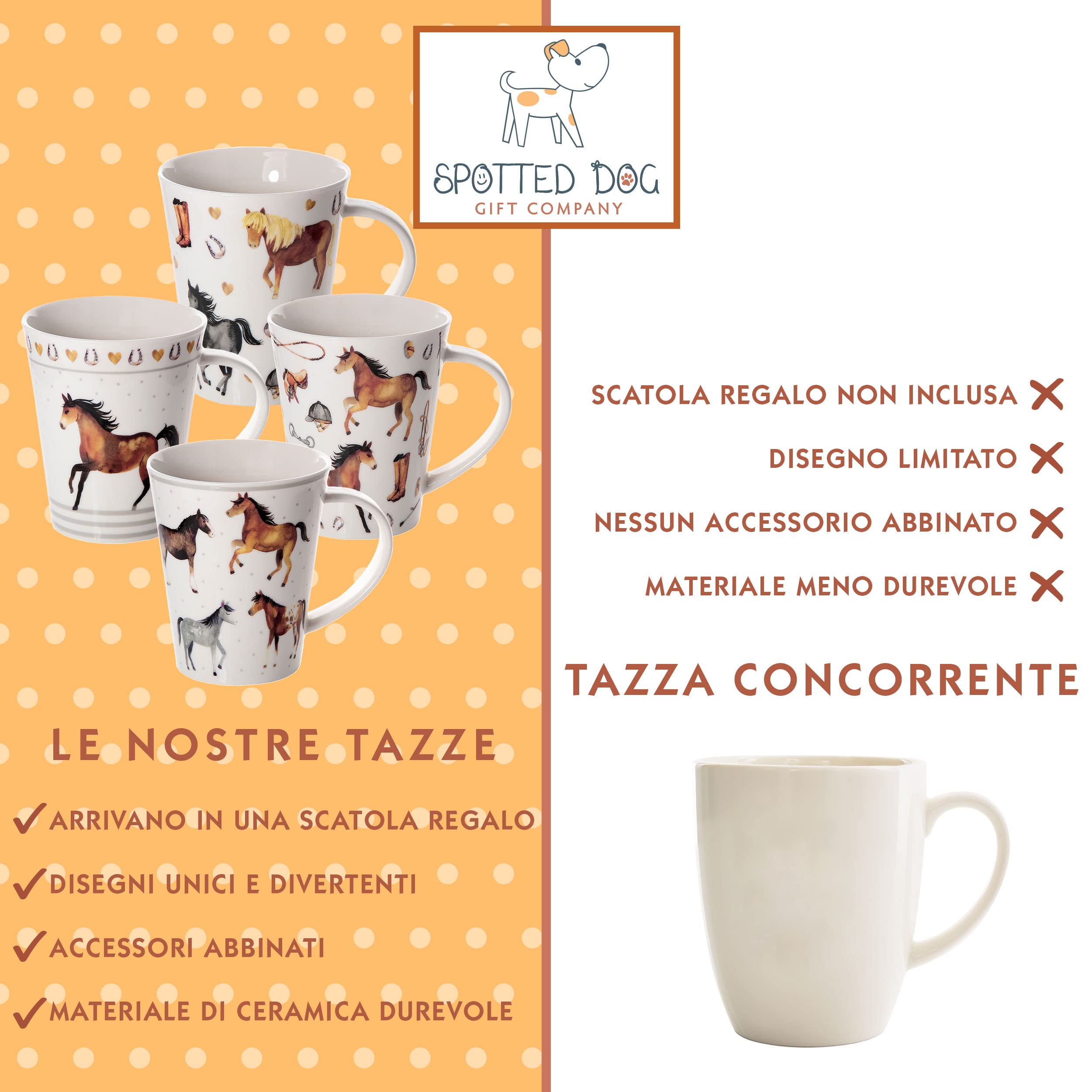 SPOTTED DOG GIFT COMPANY Set di 4 Tazze da Caffè in Ceramica 360 ml per Caffè e Tè, Tazze a Tema Cavallo, Idee Regalo Cavalli per Donne Uomini e Ragazze