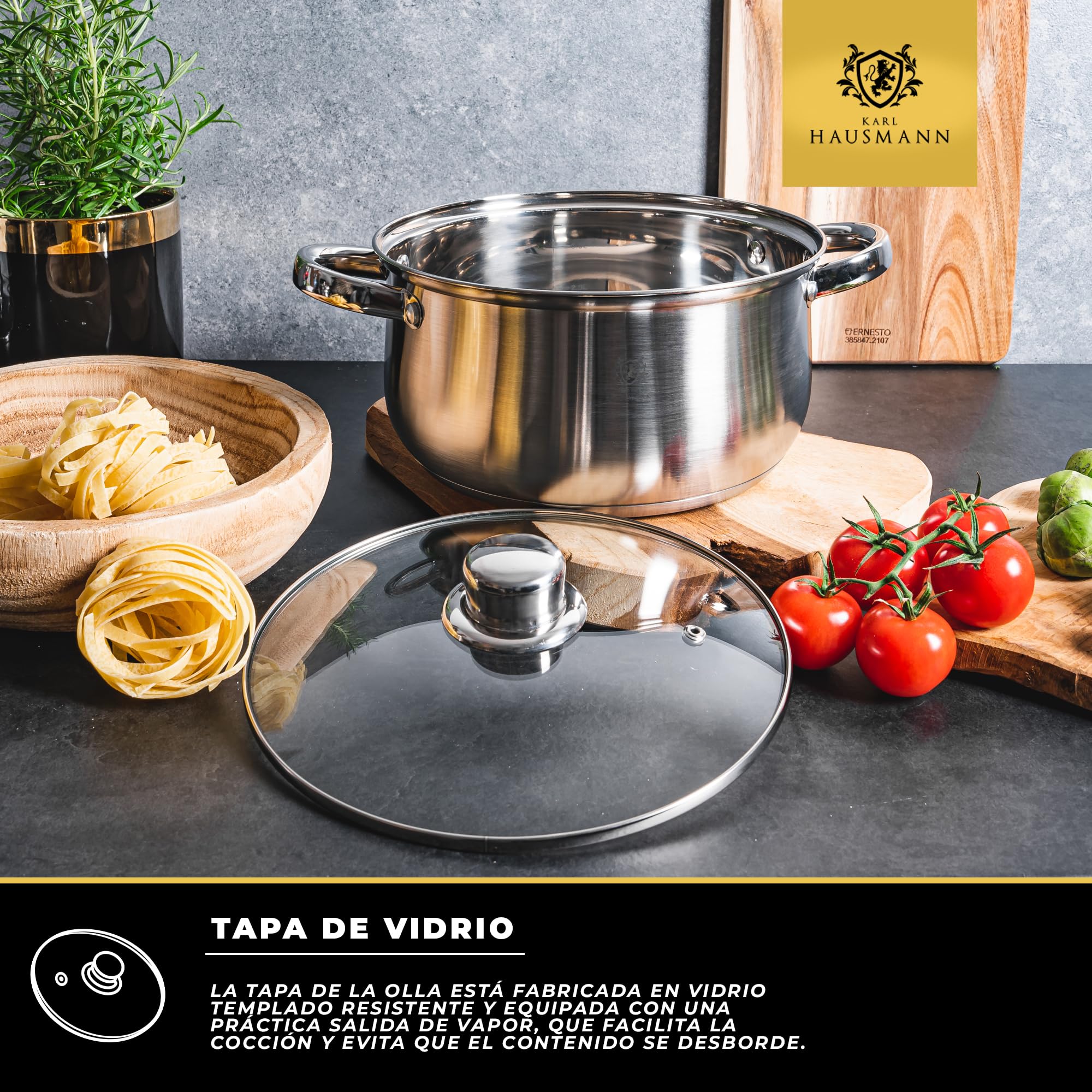 KARL HAUSMANN Bateria Cocina Acero Inoxidable con Tapa de Vidrio - Juego de 3 Ollas para Inducción, Fondo Multicapa, Válidas para Todo Tipo de Cocinas, Aptas para Lavavajillas