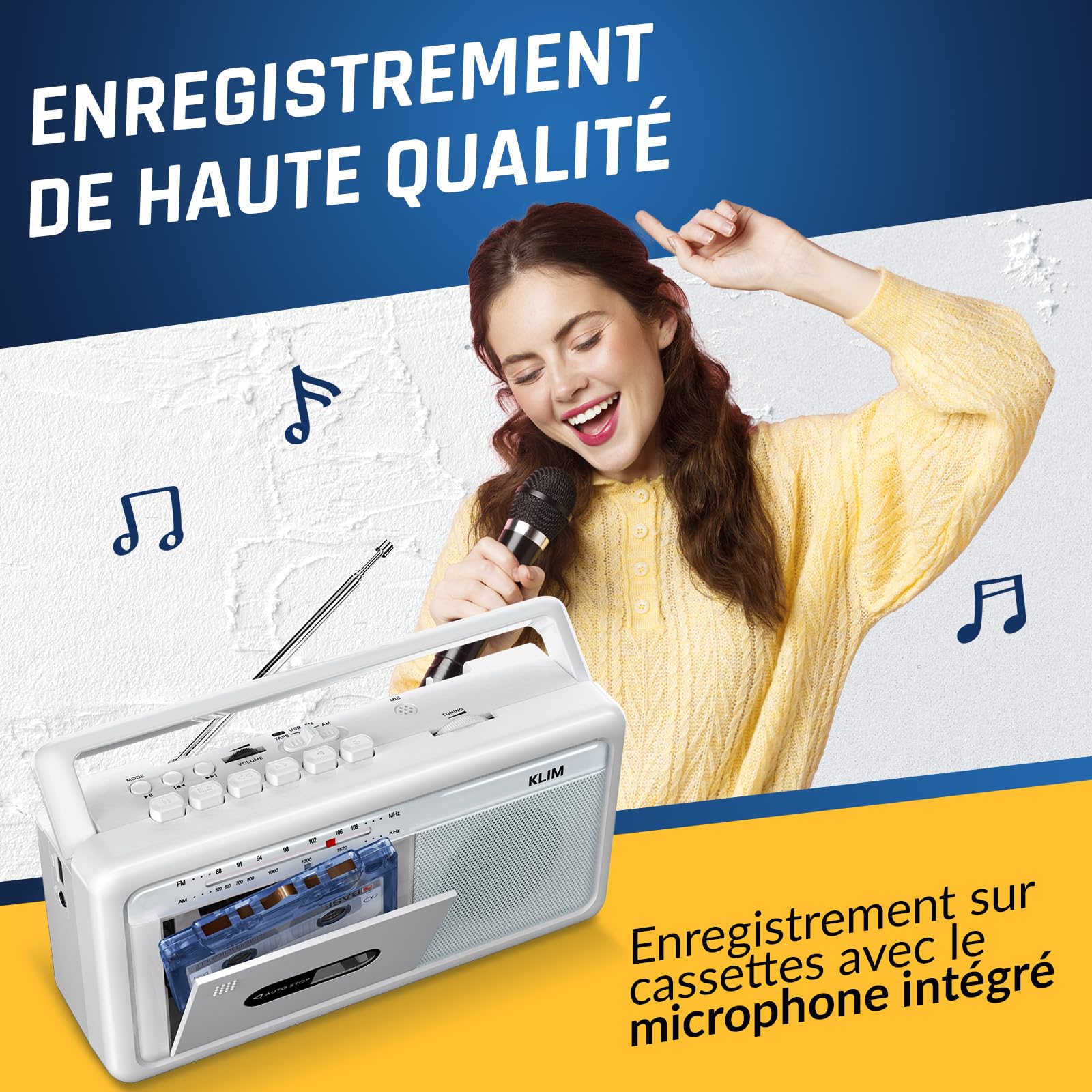 KLIM Lecteur Cassette Audio Boombox, Radio AM/FM, Bluetooth, Enregistreur Cassette, USB, Haut-Parleur, Prise Casque, Secteur ou Piles, Design Portable Rétro - Blanc Givré