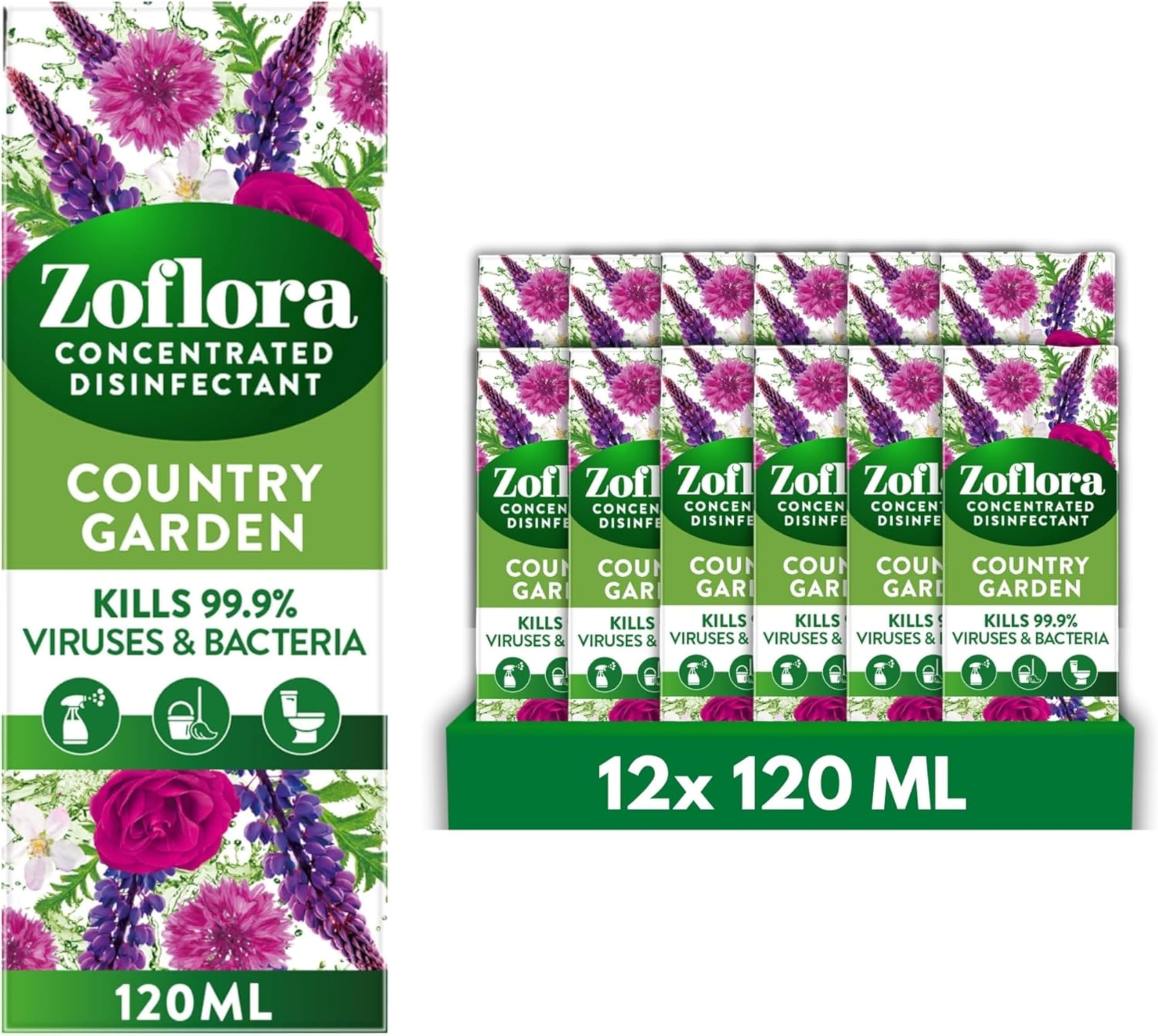 Zoflora Country Garden All Purpose Concentrated Disinfectant Liquid, 12 X 120 ml Antibacterial and Multi-Surface, Pet Safe Disinfectant, Kills 99.9 Percent Of Bacteria and Viruses