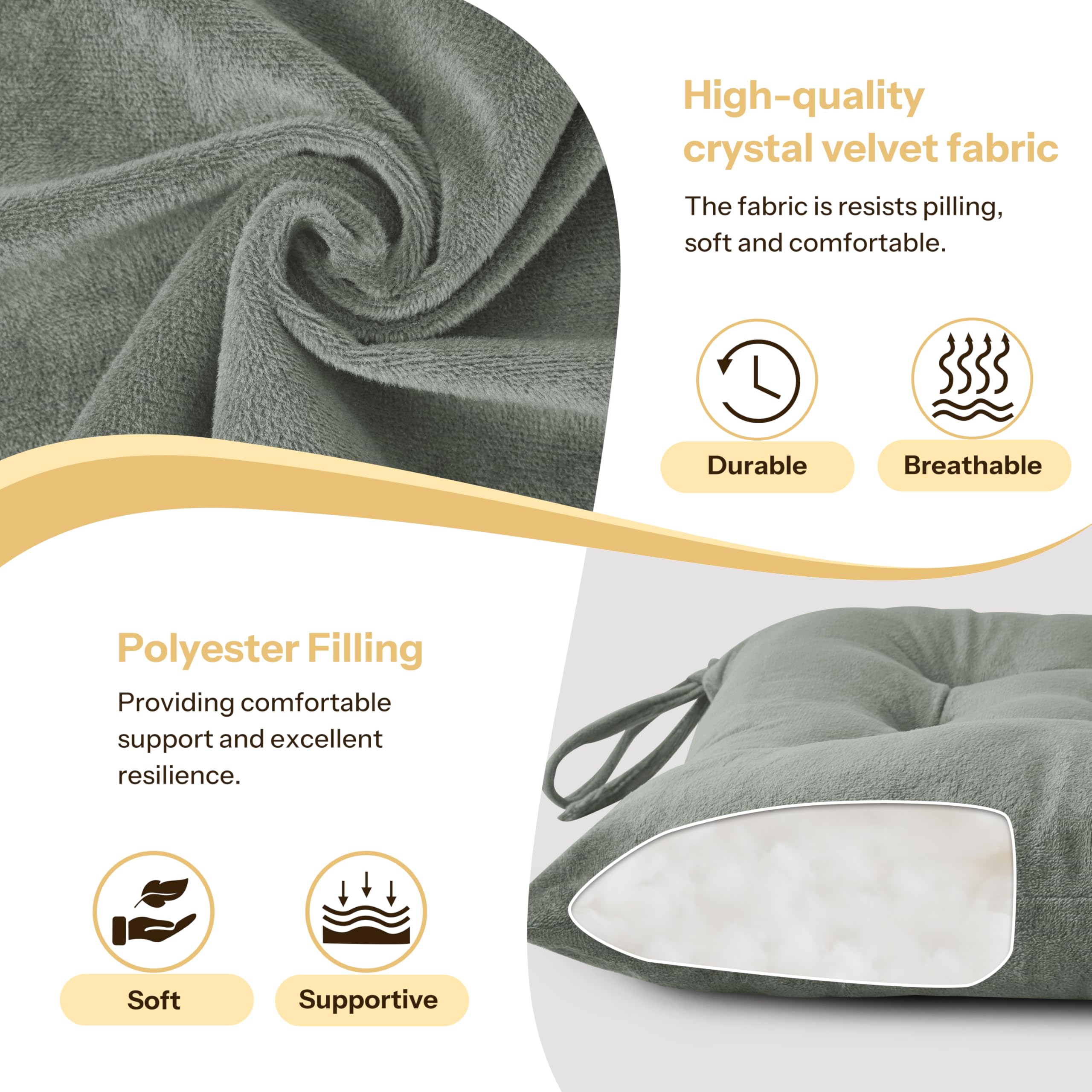 FlyGulls Kitchen Chair Cushions Set of 2 Tufted Square Seat Cushions with Ties Plush Chair Pad for Kitchen Dining Room Office(39x39cm Light Grey) - Image 3