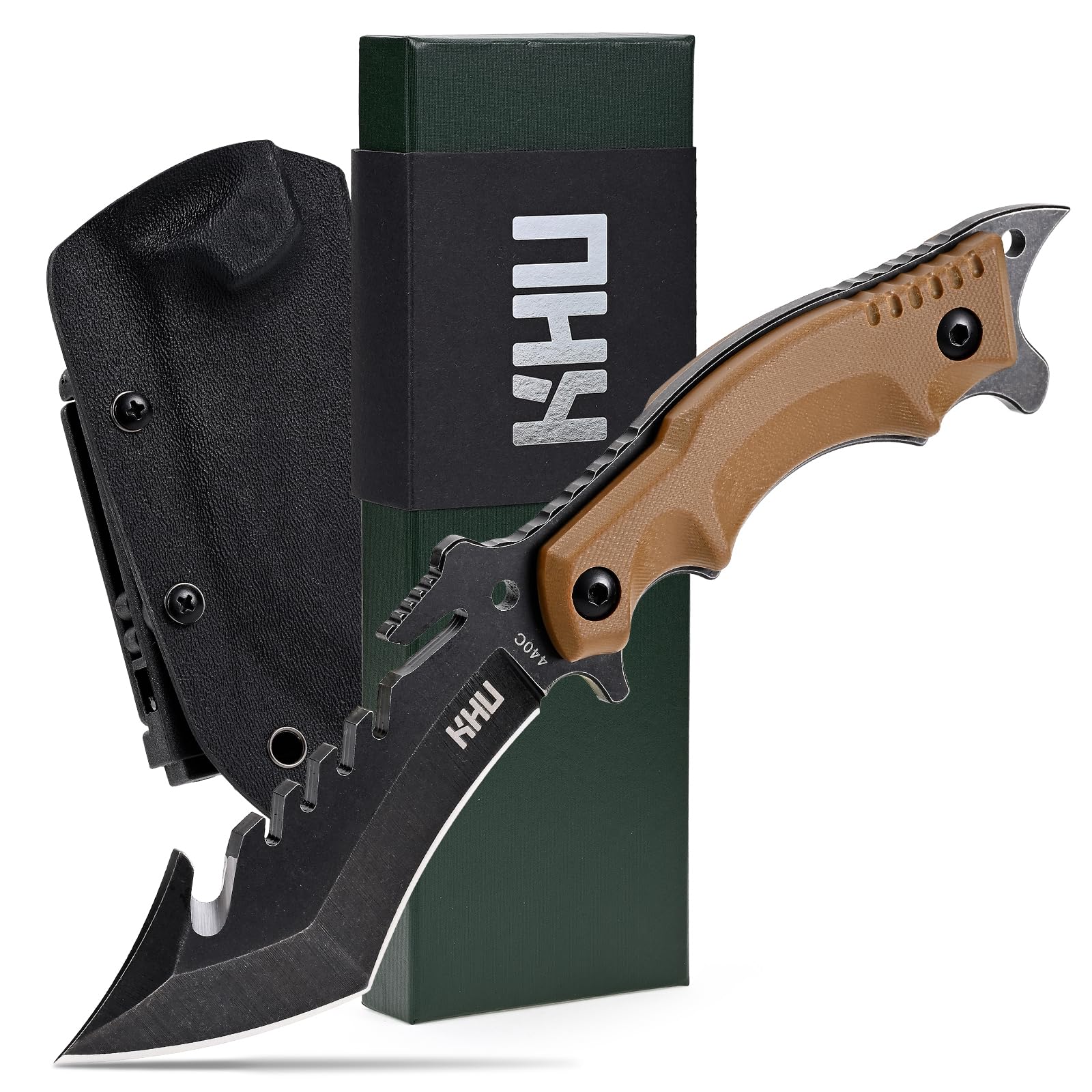 KHU Fixed Blade Knife Tactical, Hunting Knife Survival 440C Steel G10 Handle, Outdoor Hunting Camping Accessories Camping Gear With Kydex Sheath (Black-24A)