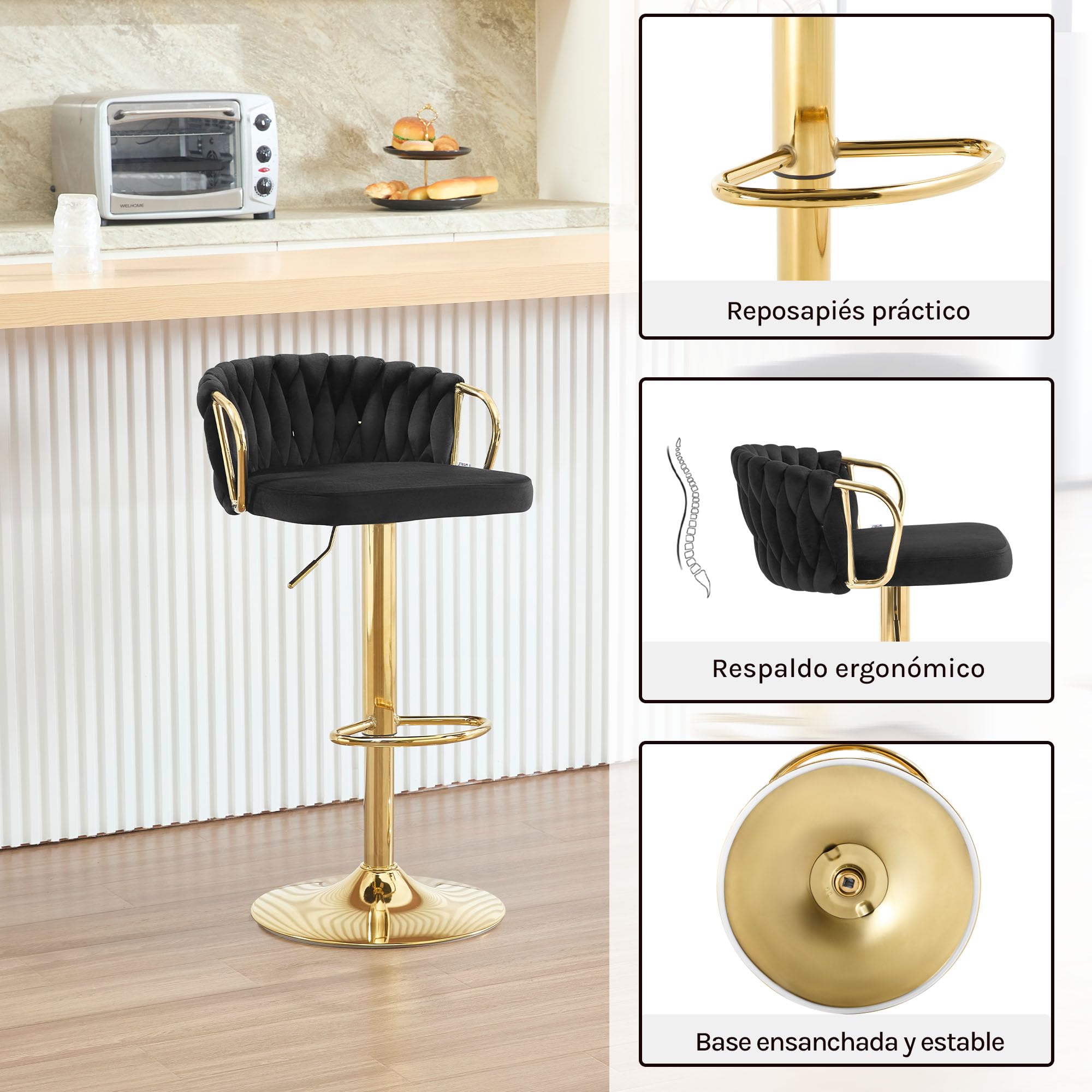 WOLTU Taburetes Altos de Cocina Set 2 Altura Ajustable, Negro | con Respaldo y Reposapiés, Base de Metal, Terciopelo, para Comedor, Salón y Cafetería