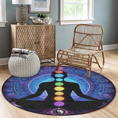 Miniatura 4 de Tapete grande para decoración del hogar, suave y redondo, antideslizante, lavable a máquina, para oficina en casa, compatible con nueve chakras,