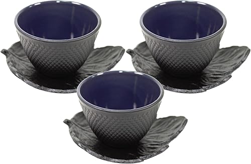 Juego de tazas de té japonesas de hierro fundido con lunares negros con platillos de taza de té  Pagamos su impuesto sobre las ventas (3 tazas + 3