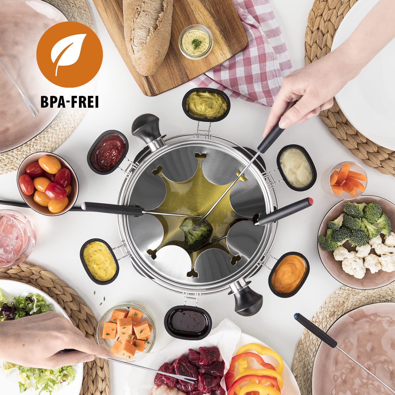 Tristar Fondue-Set für bis zu 8 Personen, 1,3 Liter Fassungsvermögen, inklusive Edelstahlgabeln und Saucenring, 1400 Watt, FO-1109