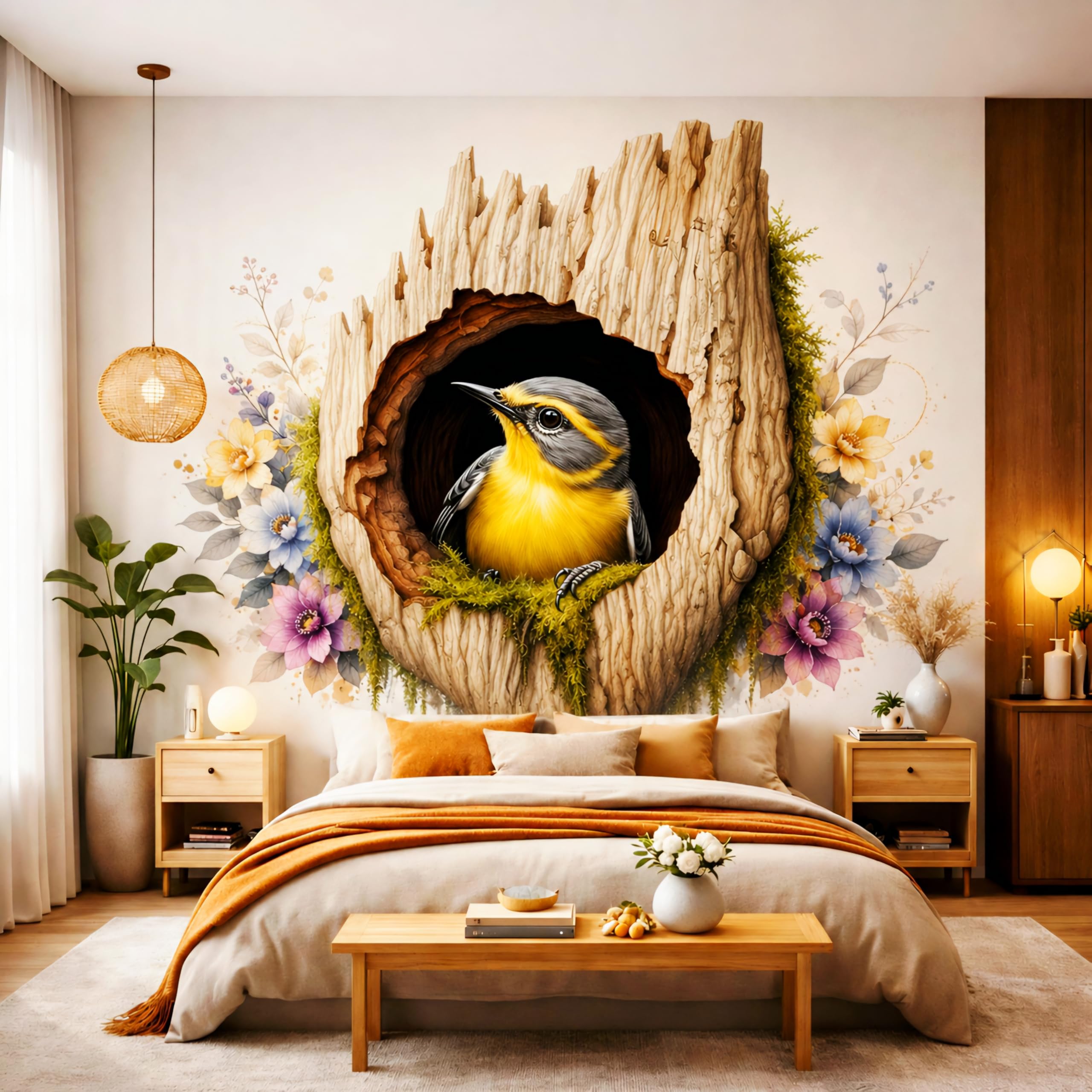 3D Bird in Tree Hollow Wall Decal, Yellow Warbler Wall Art Sticker, Nature-Inspired Home Decor for Living Room, Bedroom, Nursery-image-15