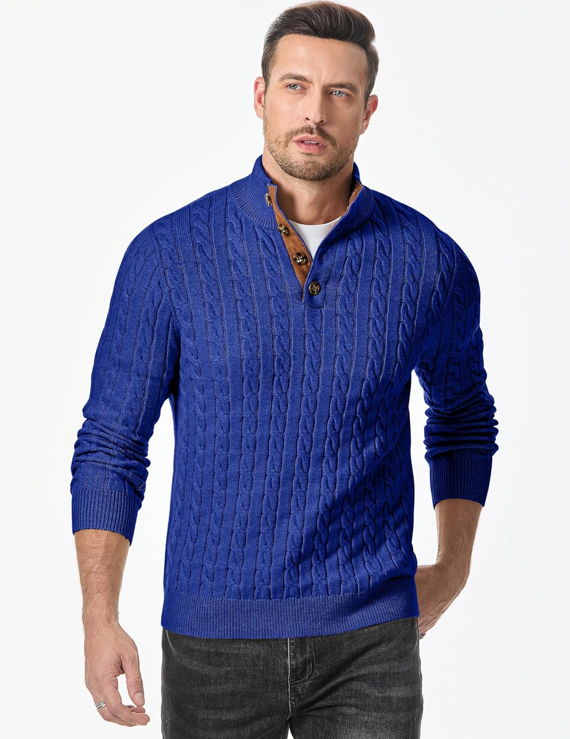 JMIERR Men's Cable Knit Pullover Sweater Casual Long Sleeve Stand Collar Button Knitted Sweaters - Image 6