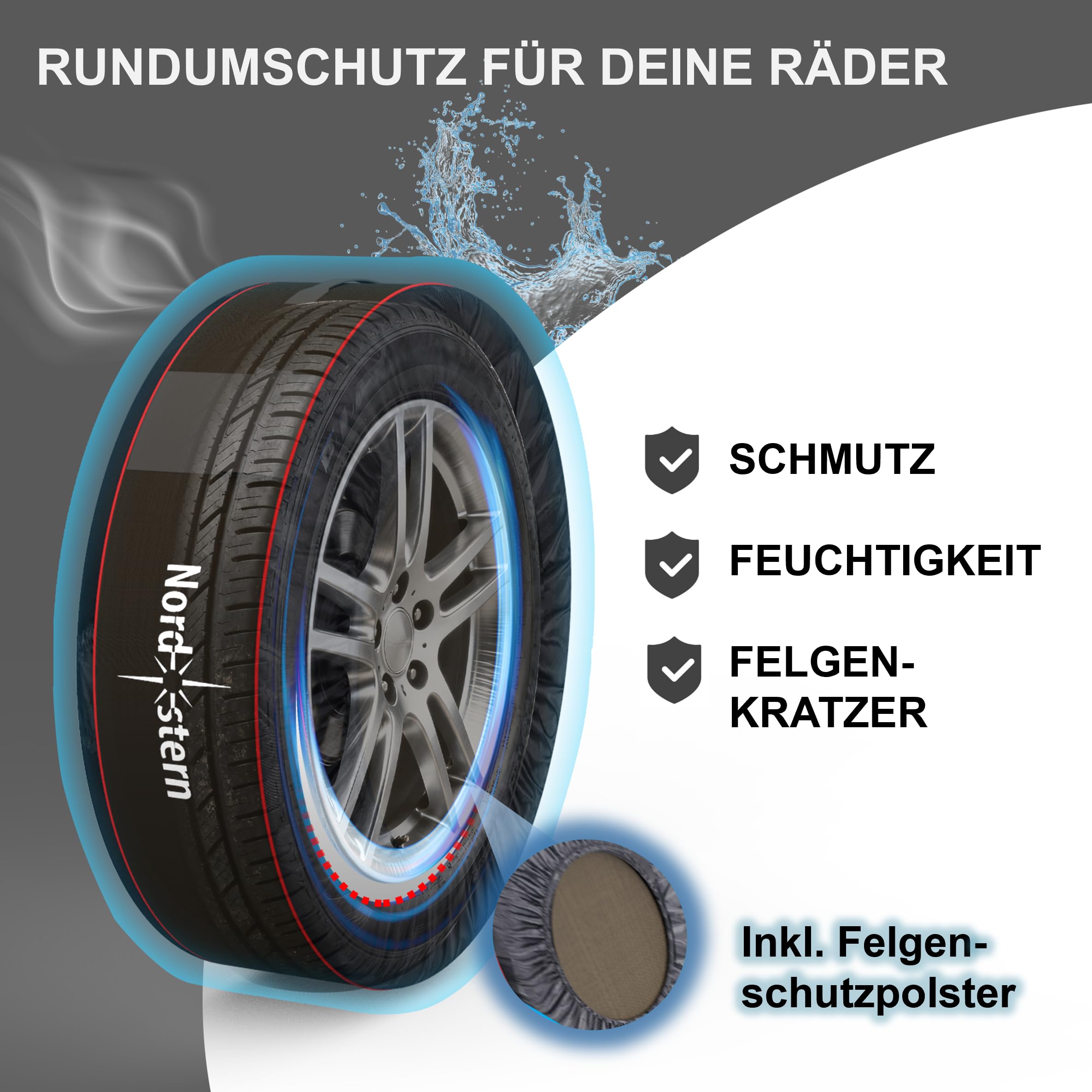 Nordstern Reifentaschen XXL (4 teiliges Set inkl. Felgenschutzpolster) in Premiun Qualität, geeignet für Reifen oder Kompletträder bis zu 23 Zoll