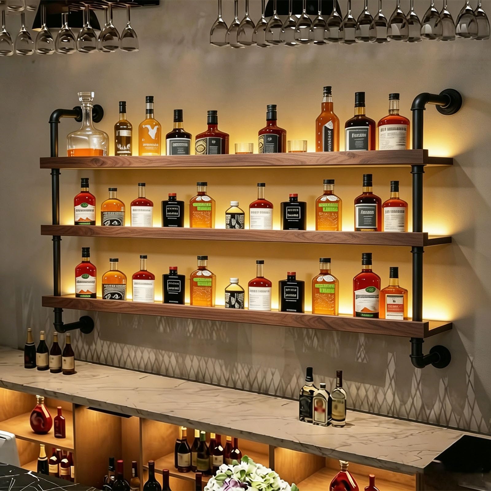 49IN Wall Mounted Wine Rack 3-Tier Industrial Pipe with LED Light