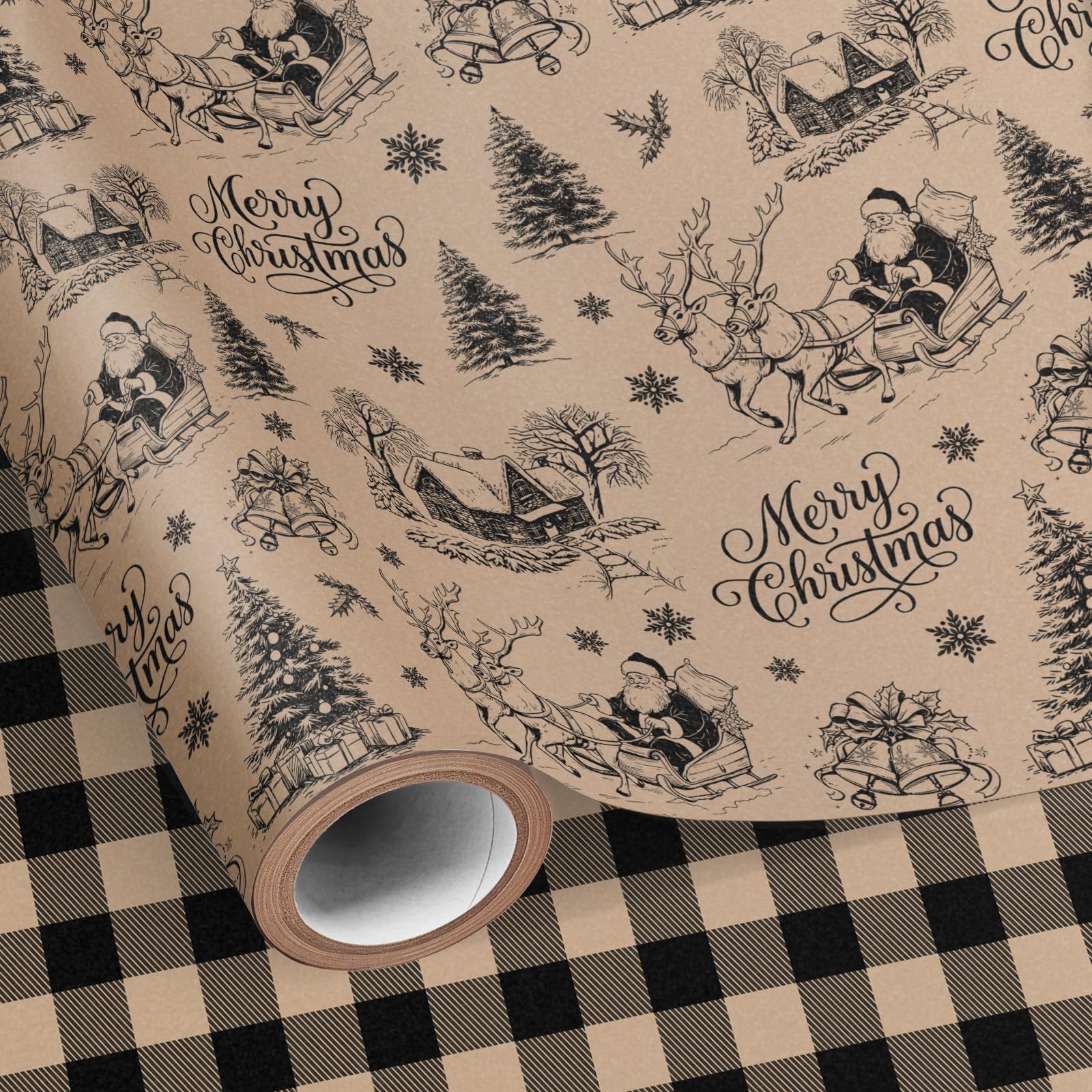 Neloheac Kraft Black Christmas Wrapping Paper Roll 43CM x 10M Reversible