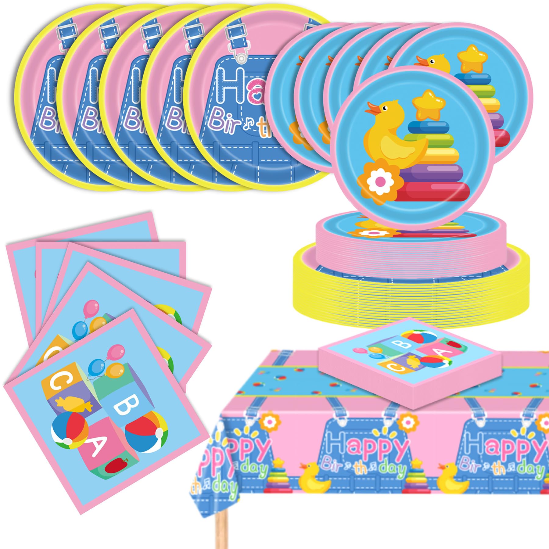 73 Pcs Cartoon English Teacher Birthday Decorations - Happy Birthday Rainbow ABC Plates, Napkins & Tablecloth, Rachel Pink Cowboy Party Tableware Supplies for 24 Guests