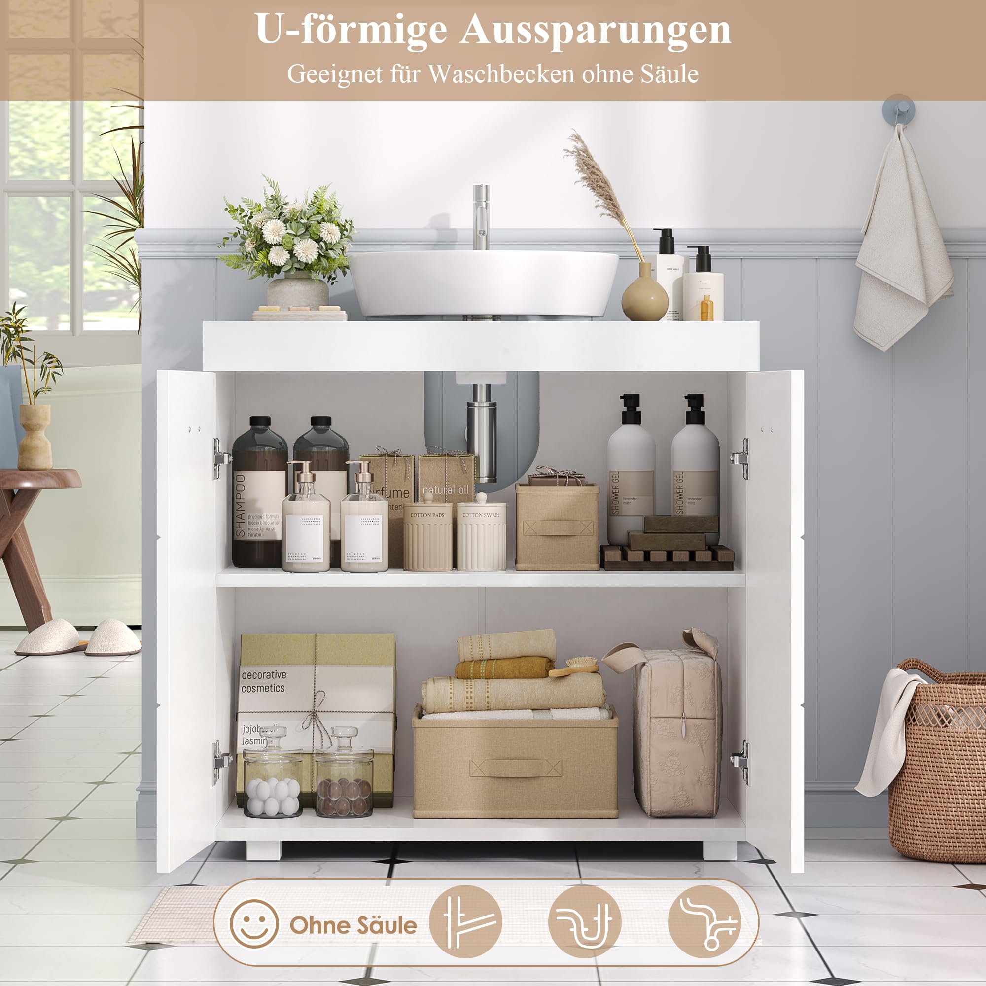 FOREHILL Waschbeckenunterschrank Unterschrank Badezimmerschrank mit 2 Türen und 2 Ablagen, 60x31x60cm, für Badezimmer, weiß