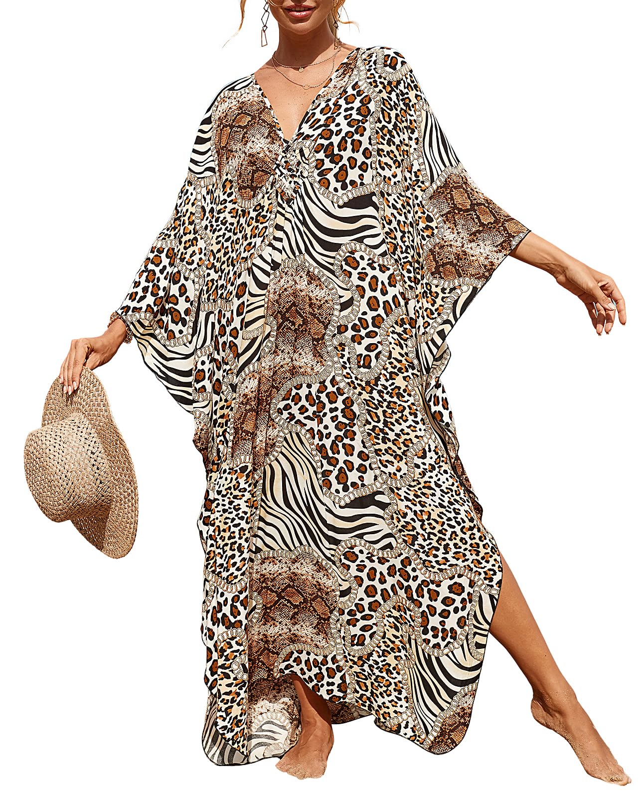 cthseie Women Animal Print Kaftan Dresses Plus Size Swimsuit Coverup Summer Bathing Suit Caftan Loungewear Beach Dress