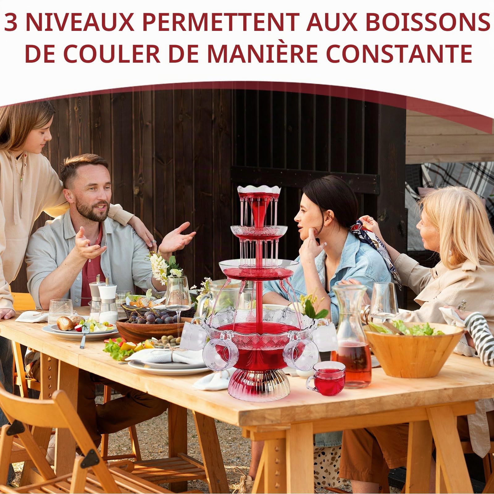 Fontaine de Fête,3 Niveaux Transparente Fontaine à vin Rouge 4L avec 5 Gobelets Réutilisables et Socle éclairé par LED,pour Pubs,Mariages,Fêtes à la Maison
