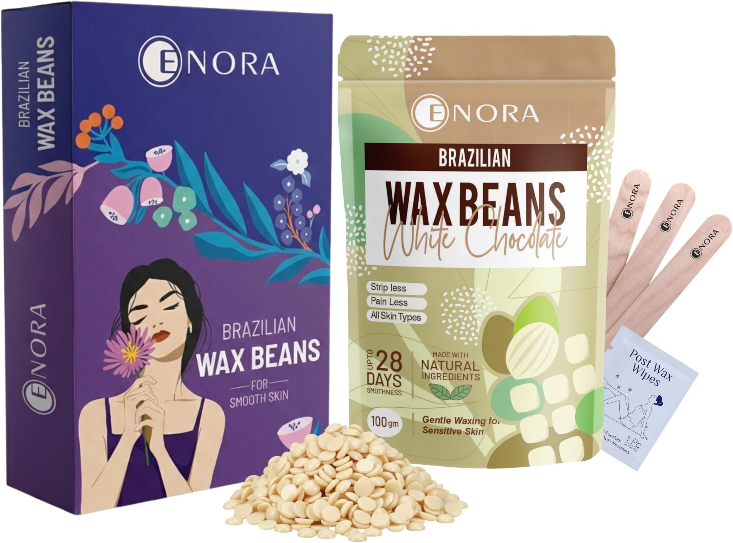 Brazilian Stripless Wax Beans for Women (100g) | With Wooden Spatula | Natural | For Face, Chin, Hairline, Bikini Area & Full Body Hair Removal (100 Gram, White Chocolate)