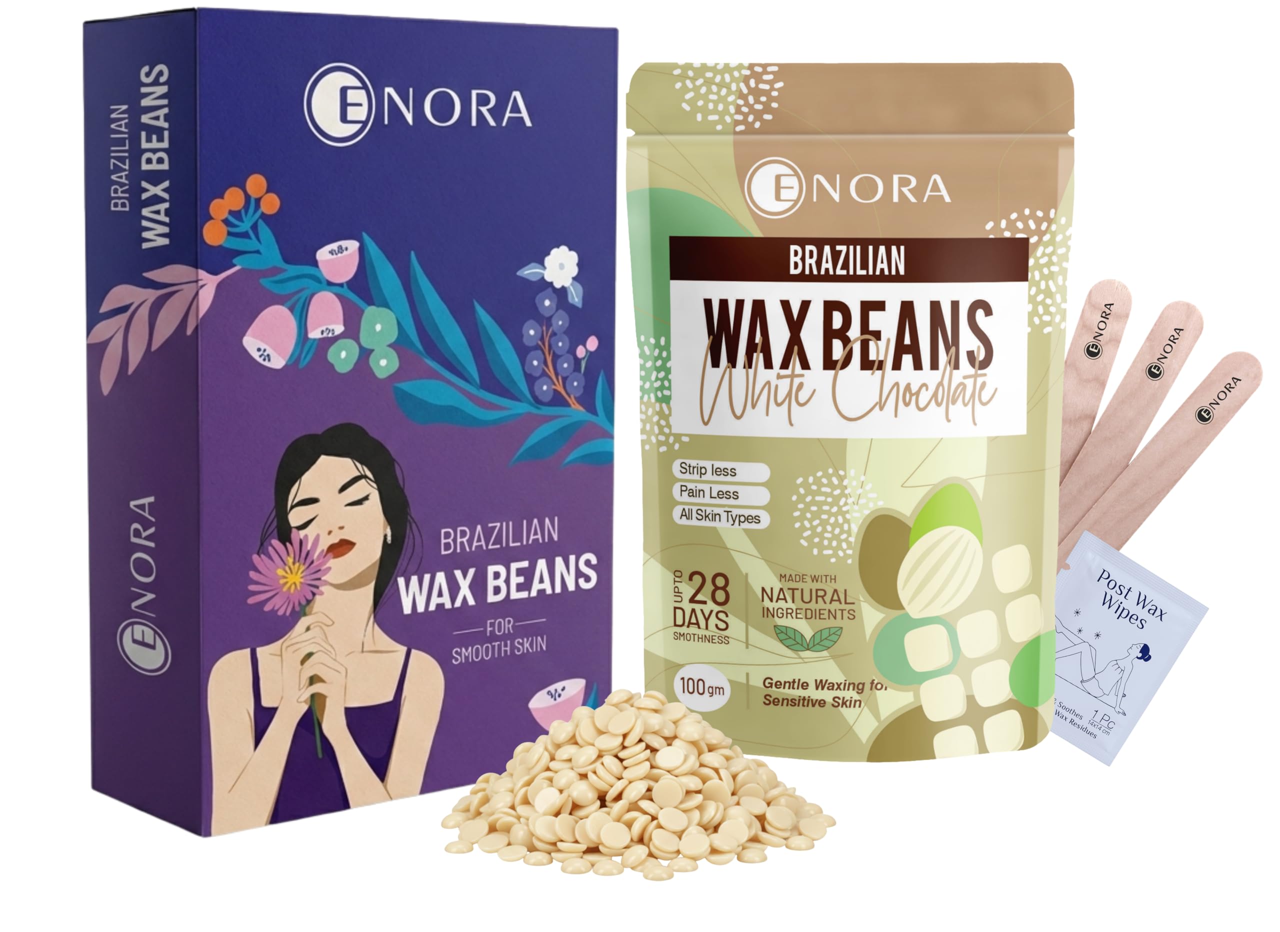 ENORA Brazilian Stripless Wax Beans for Women (100g) | With Wooden Spatula | Natural | For Face, Chin, Hairline, Bikini Area & Full Body Hair Removal (100 Gram, White Chocolate)