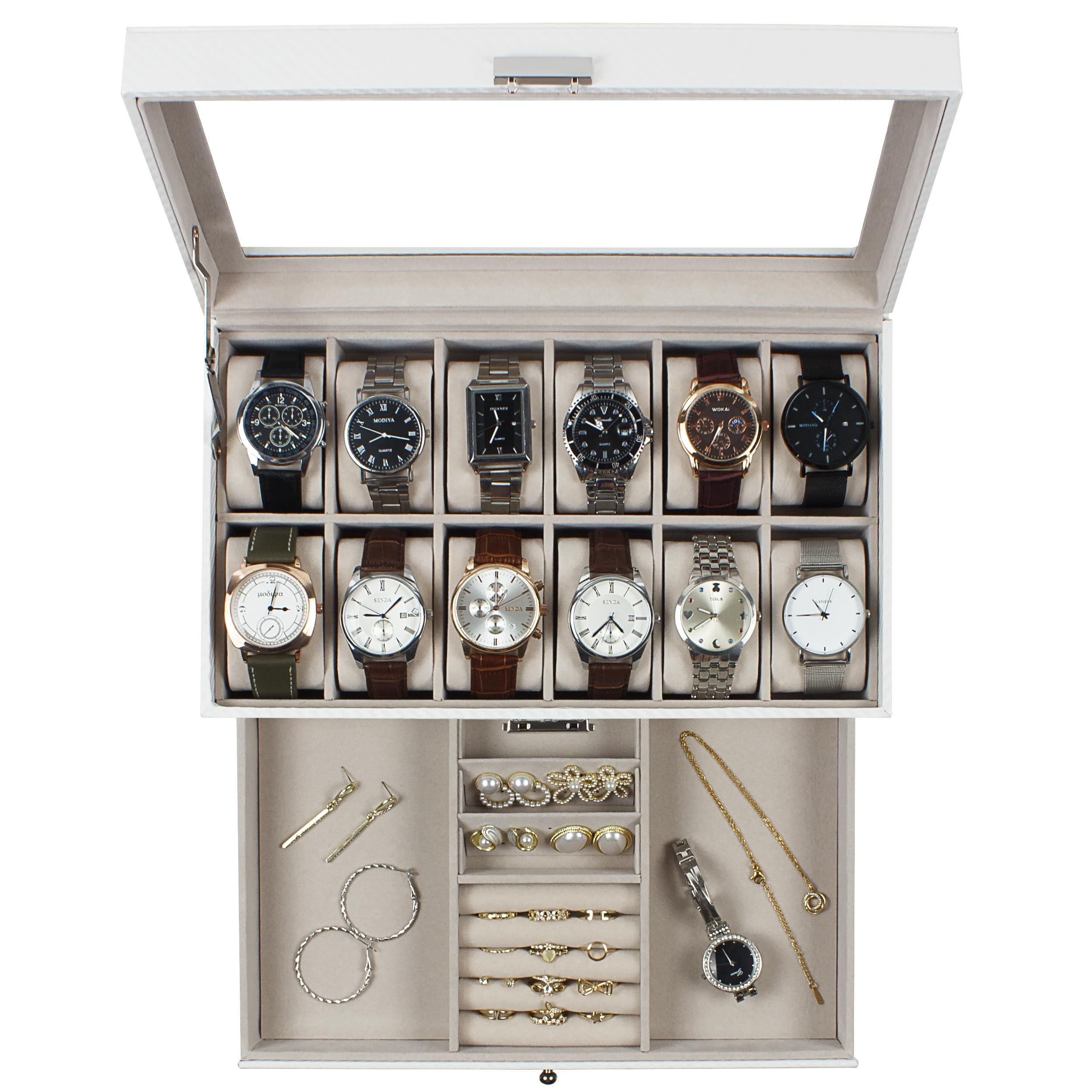 ITNXVKGES Watch Box, 12 Slot Watch case with Glass Lid, Lockable Double Watch Storage Box with 1 Wrawer for Rings, Earrings, Gift Idea, White Synthetic Leather, Khaki Lining