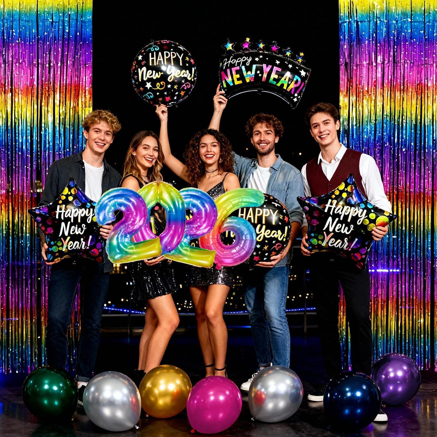 Happy New Year Decorations Happy New Year 2026 New Years Eve Party Supplies 2026, Neon Banner Fringe Curtain Hanging Swirls Balloons Mylar 2026 Decorations