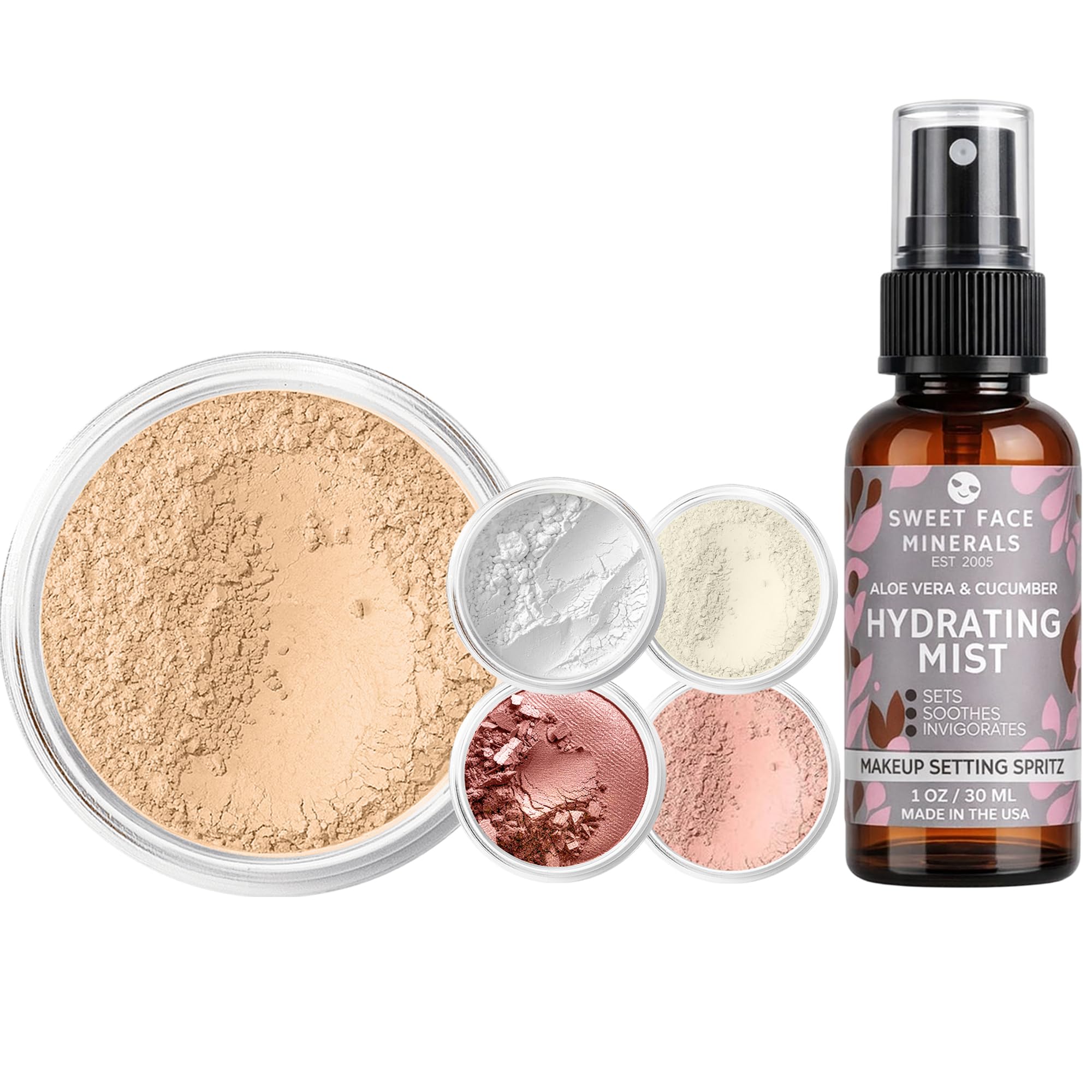 Mineral Makeup Starter Kit for Beginners – Full Size Foundation with Sample Size Veil Primer, Blush, Bronzer, Setting Powder & Setting Spray – 6-Piece