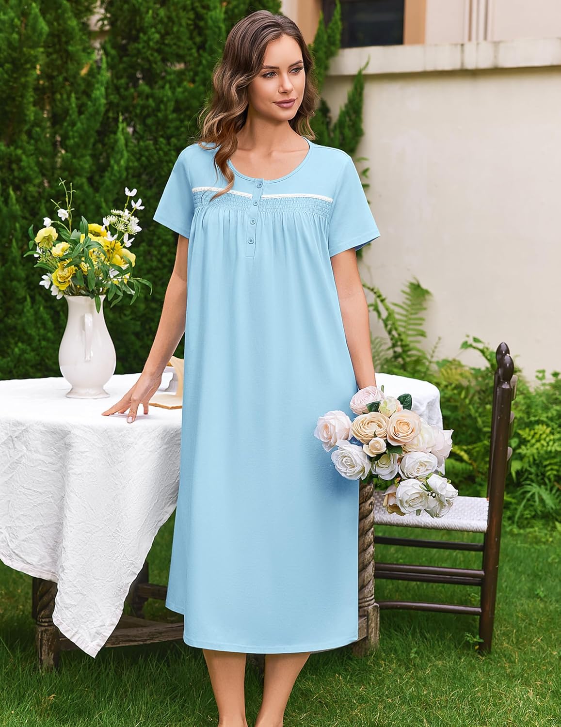 Ekouaer Cotton Nightgowns for Women Long Night Gown Short Sleeve Sleepdress Victorian Sleepwear Nightdress with Pockets - Image 5