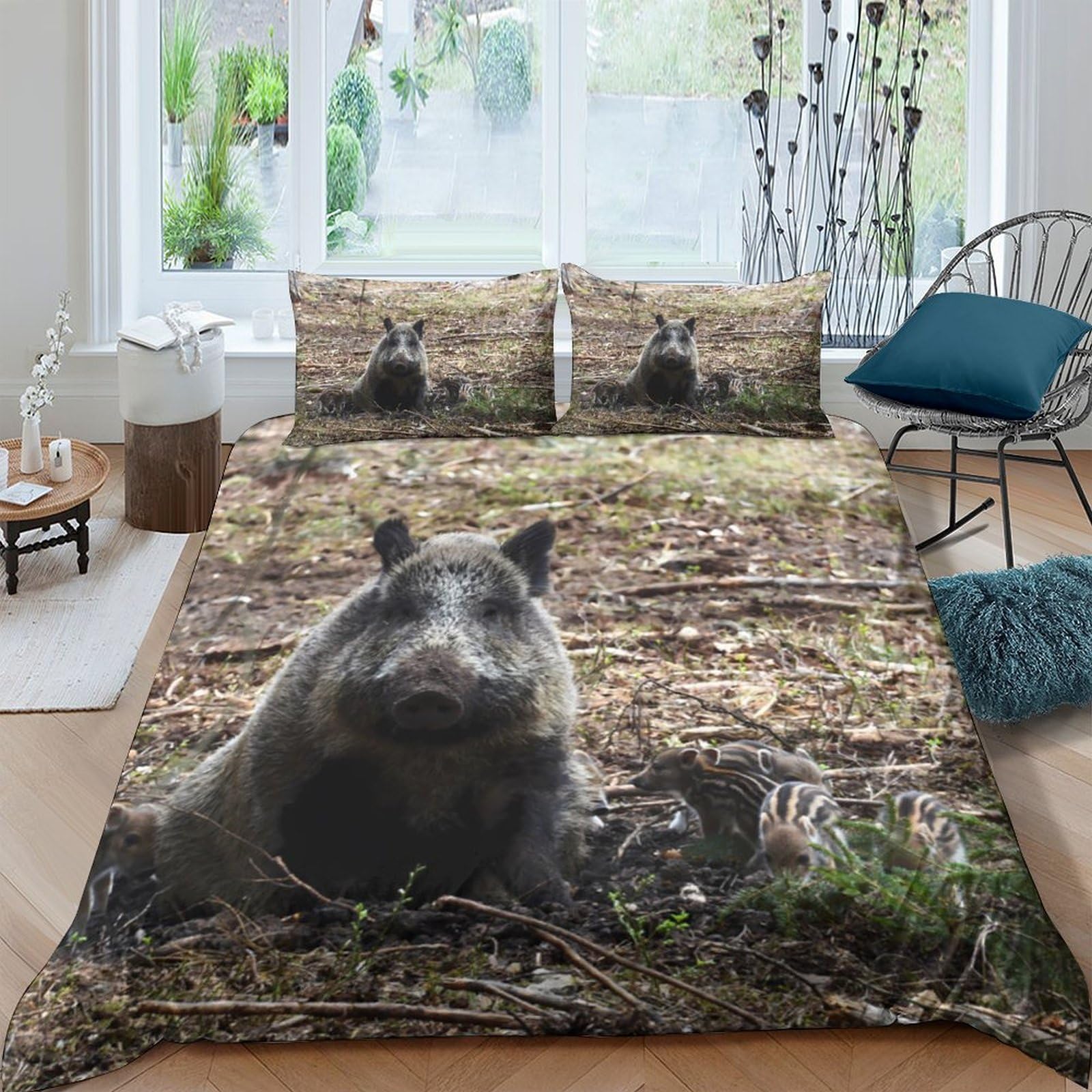 GPLZQXKJNH 3D Printed Wild Boar Forest Duvet Cover Microfiber Soft Breathable Animal Bedding Set with 2 Pillowcases for Bedroom Decor Single（135x200cm）