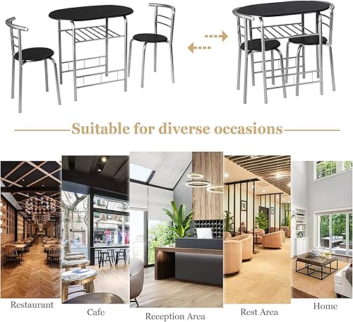 Miniatura 3 de ARLIME Juego de comedor de 3 piezas, mesa de cocina redonda con 2 sillas, marco de acero y estante para vino, mesa de cocina pequeña para