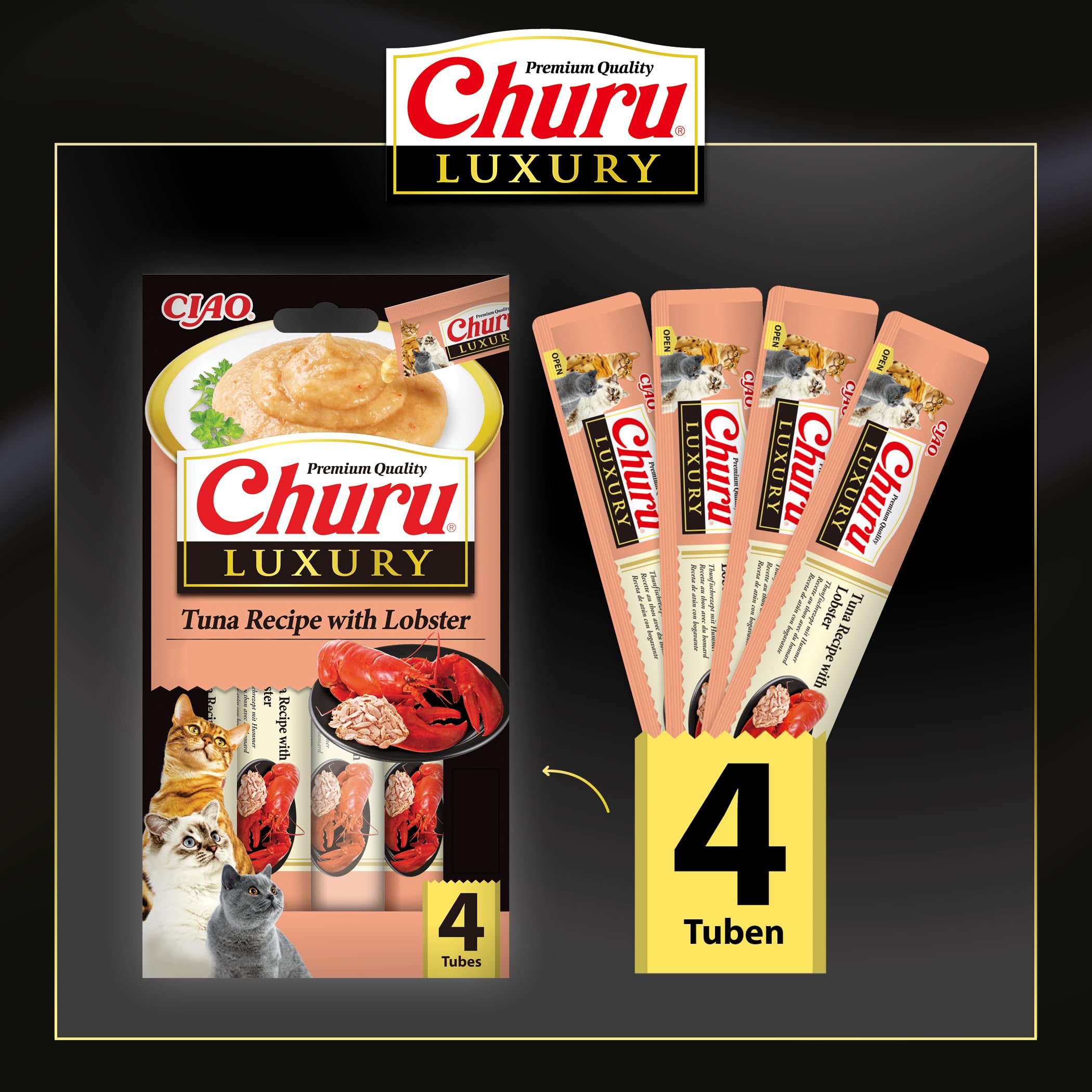 INABA Churu Luxury Cremiger Katzensnack mit Thunfisch und Hummer – 12 Packungen (48 Sticks x 14 g) – leckeres und hochwertiges Katzenfutter – Katzensnack ohne Konservierungsstoffe oder künstliche
