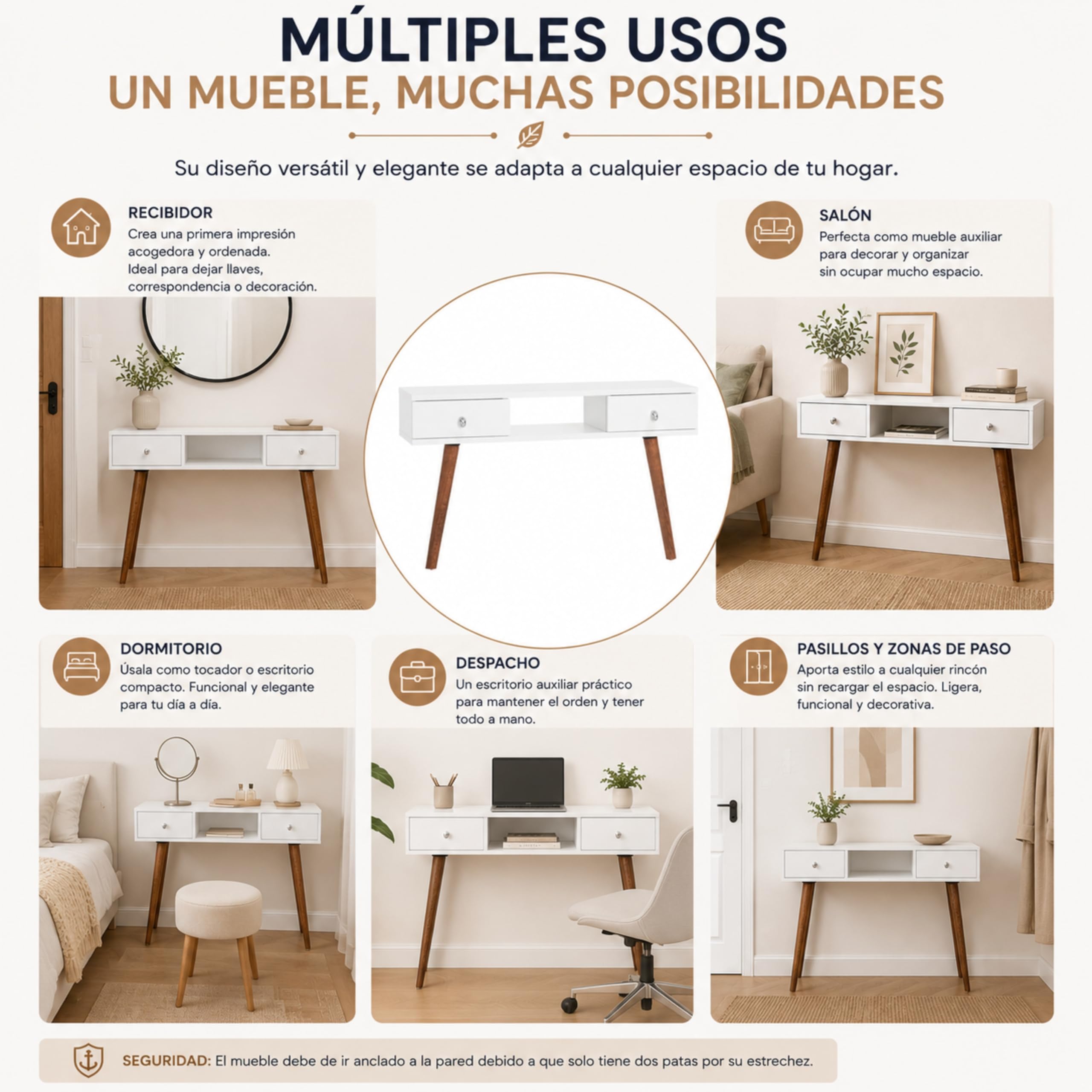 Recibidor Consola Blanco y Roble 90 x 30 x 77 cm con Dos cajones Temis