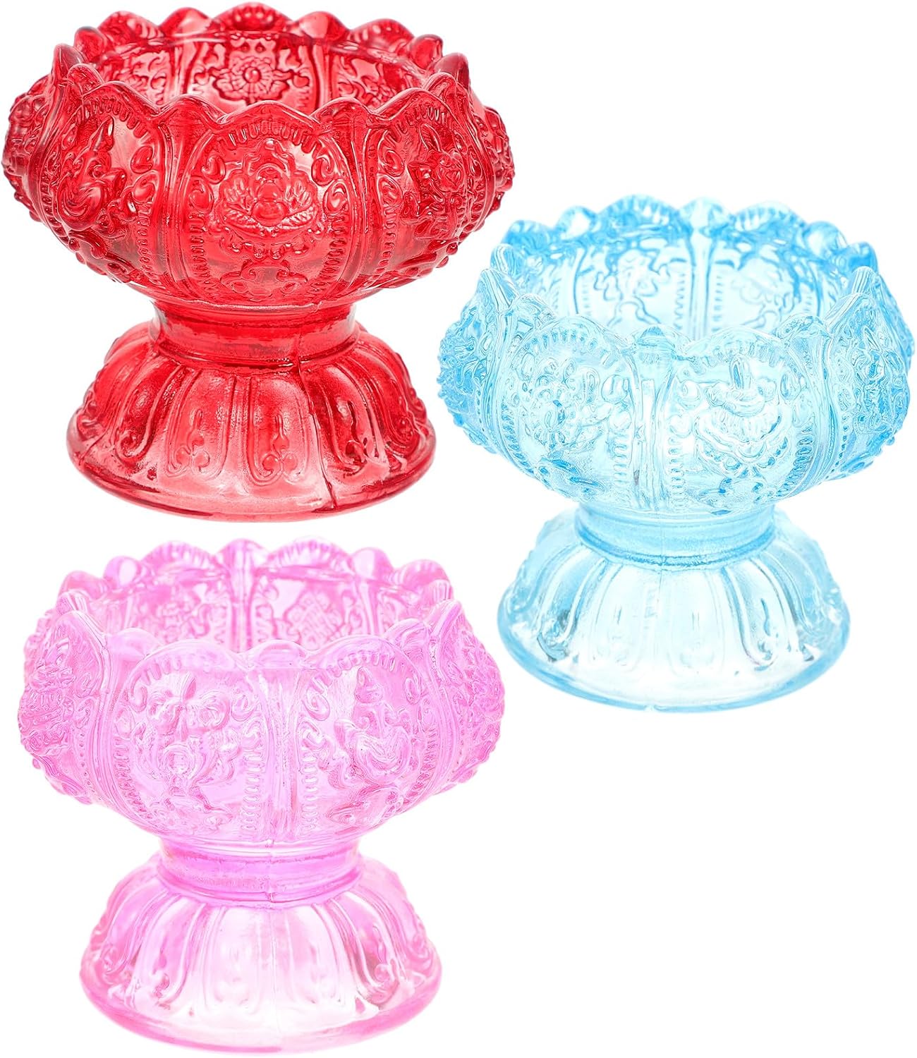 Beavorty 3pcs Small High Base Glass Candle Holders Butter Lamp Containers Religious Style Crystal Glass Candleholder Set for Buddhist Ceremony and Home Décor