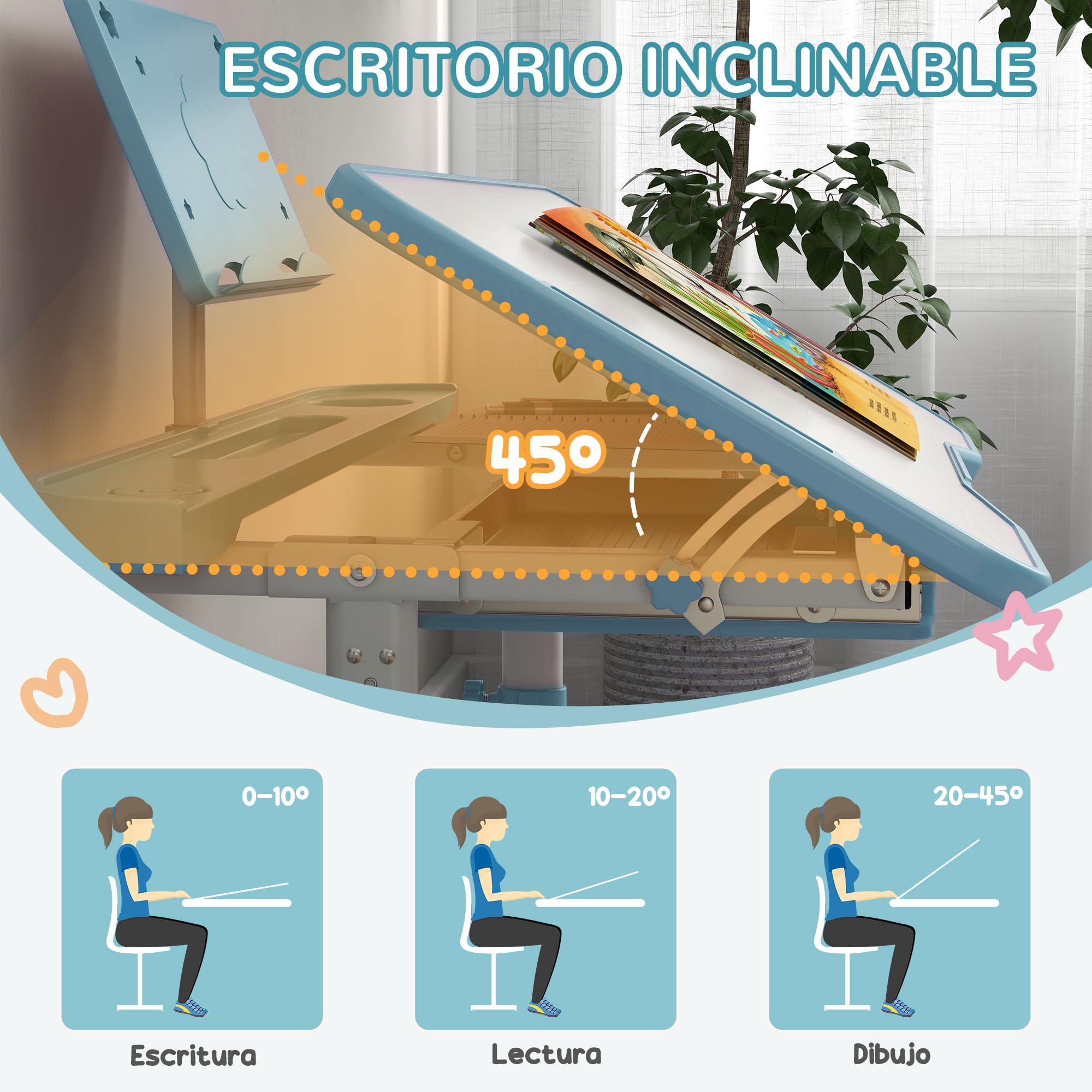 ZONEKIZ Juego de Escritorio y Silla para Niños de 6-12 Años Pupitre Infantil Altura y Ángulo Ajustable con 1 Cajón y 1 Estante para Libros 80x49,5x82-104 cm Azul y Blanco