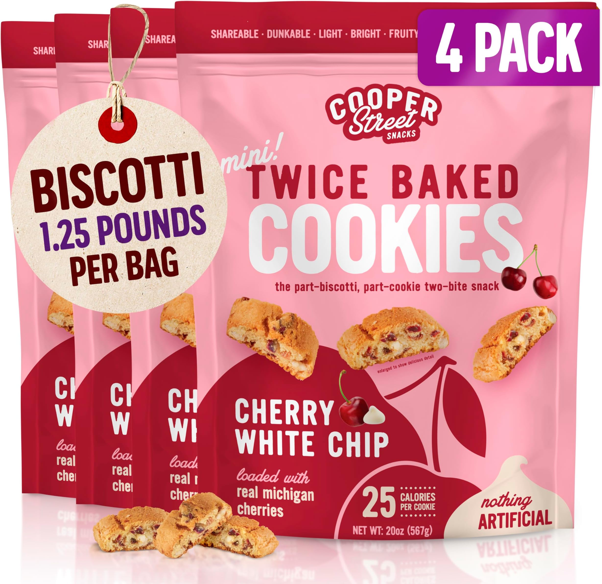 COOPER STREETTwice Baked Mini Biscotti Italian Style Cookies - 5 Pound of Cherry Chocolate Gourmet Cookies Ideal With Coffee Or Tea | Peanut and Dairy Free Low Sodium Breakfast or On-The-Go Snack | 1.25 Pound Pack of 4