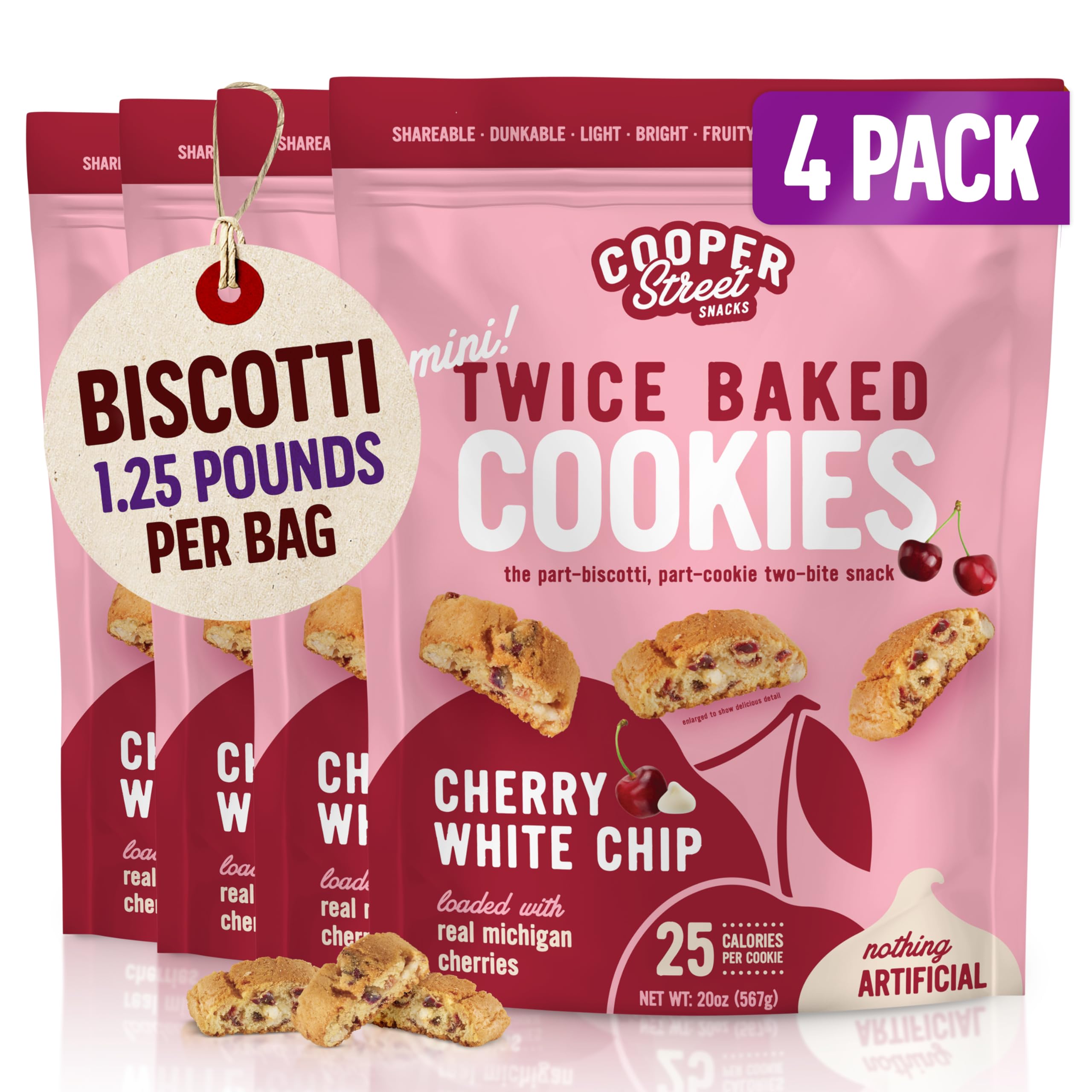 COOPER STREETTwice Baked Mini Biscotti Italian Style Cookies - 5 Pound of Cherry Chocolate Gourmet Cookies Ideal With Coffee Or Tea | Peanut and Dairy Free Low Sodium Breakfast or On-The-Go Snack | 1.25 Pound Pack of 4