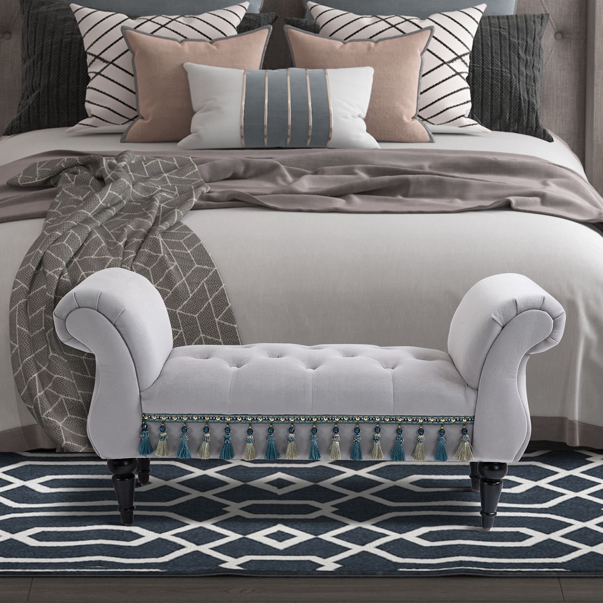 HOMCOM - Banco acolchado de terciopelo para cama con reposabrazos, patas de madera de caucho, 40 x 117 x 58 cm, color gris