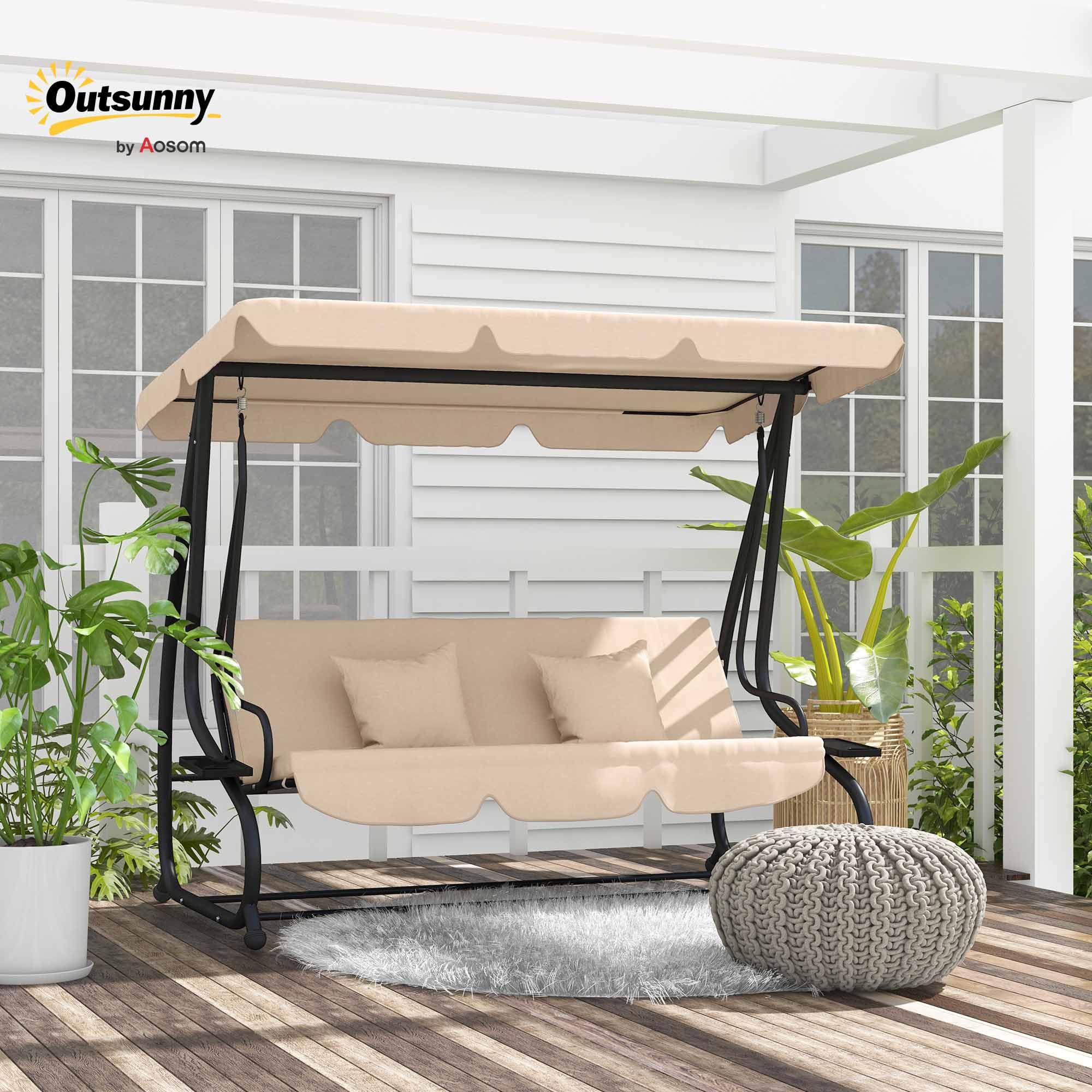 Outsunny Balancín de Jardín Exterior de 3 Plazas Columpio de Jardín Exterior Convertible en Cama 2 en 1 con Toldo Ajustable Soportes Laterales y 2 Almohadas Carga 340 kg 200x120x164 cm Arena