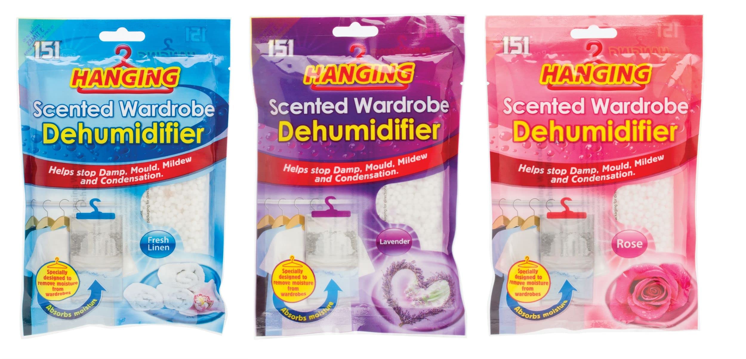 151 3 Hanging Wardrobe Dehumidifier Bags Scented Moisture Trap Crystals Damp Control from B&Q