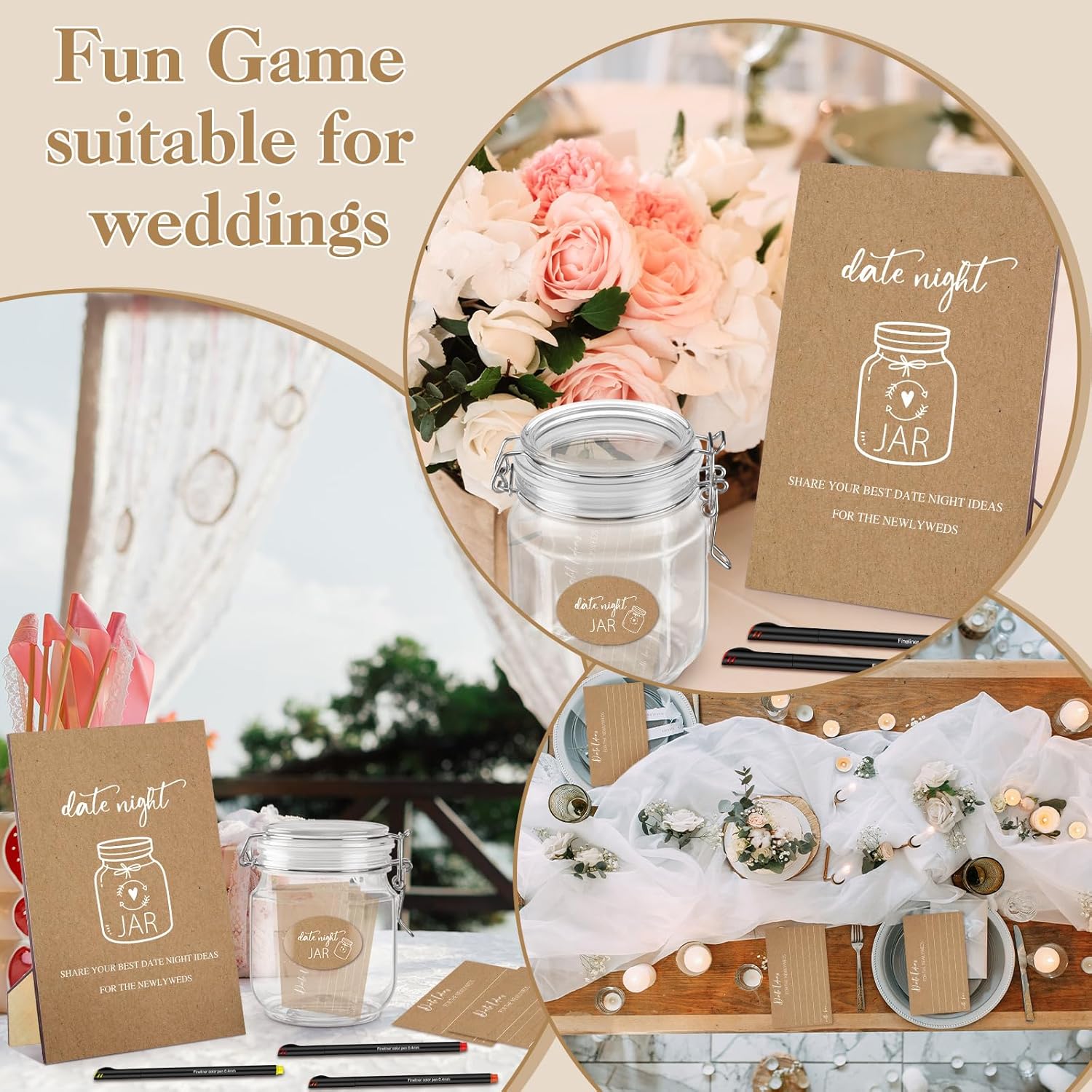 DoubleFill 76 Pcs Bridal Shower Games Include Date Night Jar Wooden Sign 60 Cards 12 Color Pen 2 Stickers for The Newlyweds Wedding Reception Games Date Idea Party Favors Decoration(Rustic Style)