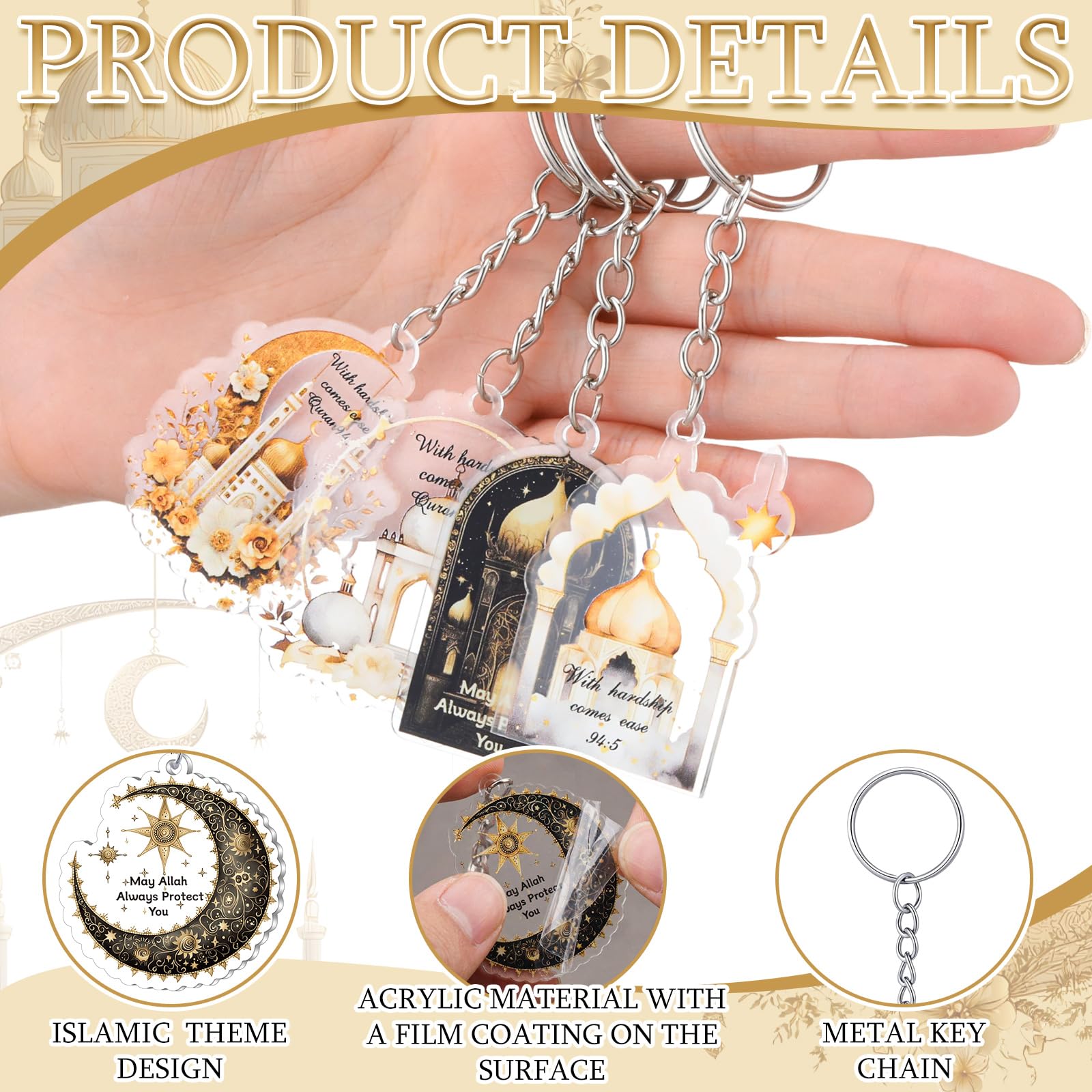 Liliaafar 30 Pcs Islamic Keychain Gifts Bulk Acrylic Muslim Keychain Ramadan Eid Gifts Bulk Stars Moon Rosary Religious Party Favors for Ramadan Hajj Wedding(30 Pcs,Attractive)