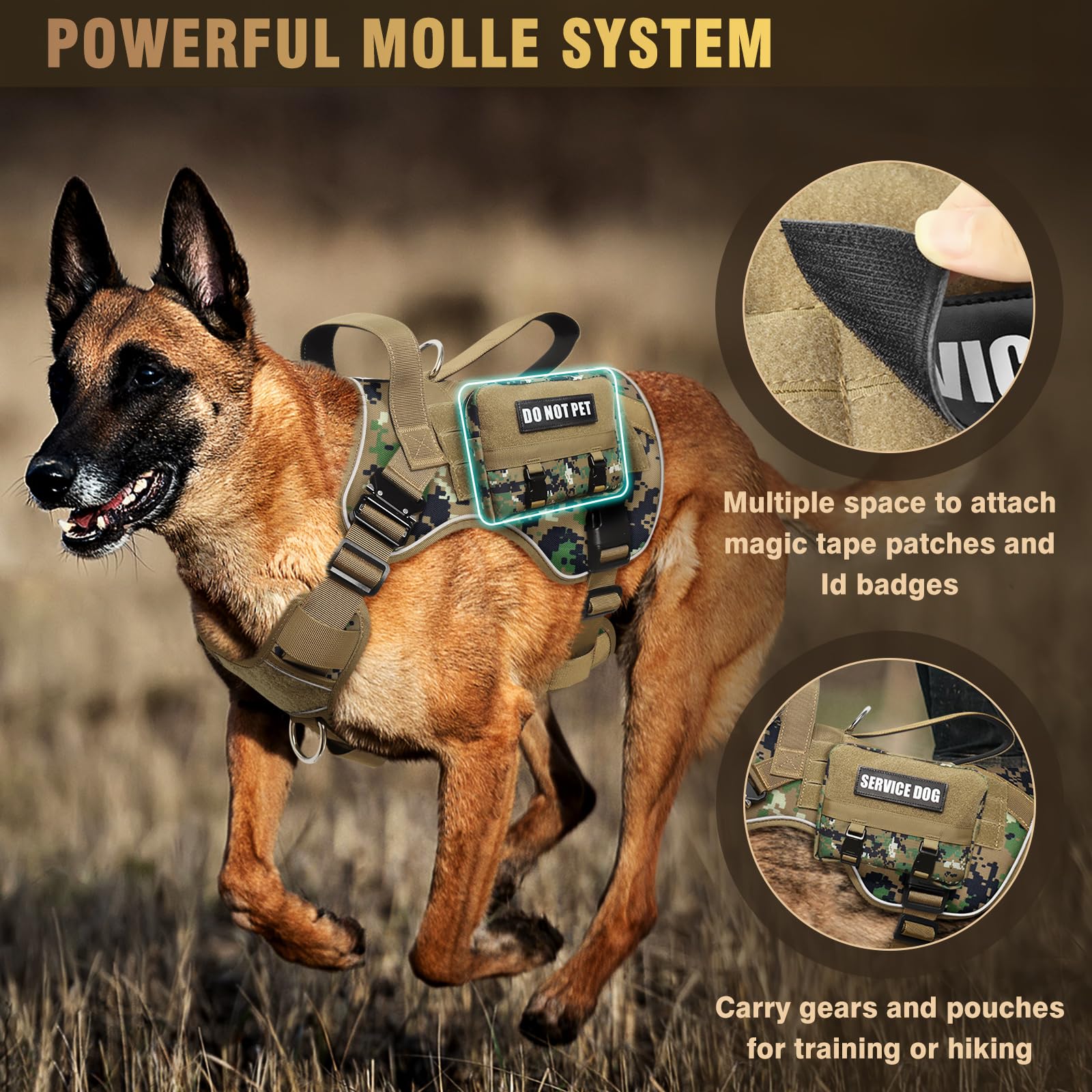 WINSEE Arnés táctico para Perros Grandes, Chaleco MOLLE de Trabajo de Servicio con 10 Parches para Mascotas, 2 Hebillas de Metal, arnés Resistente para Entrenamiento, Caza y Caminata