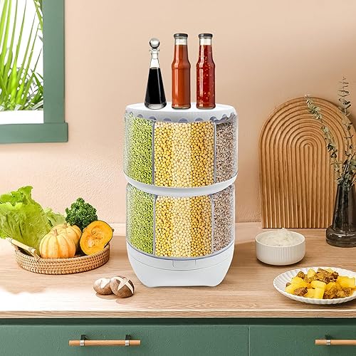 Miniatura 4 de Dispensador de arroz, dispensador de cereales giratorio de 360 de 12 rejillas con tapa y cajón, organizador de almacenamiento de granos para