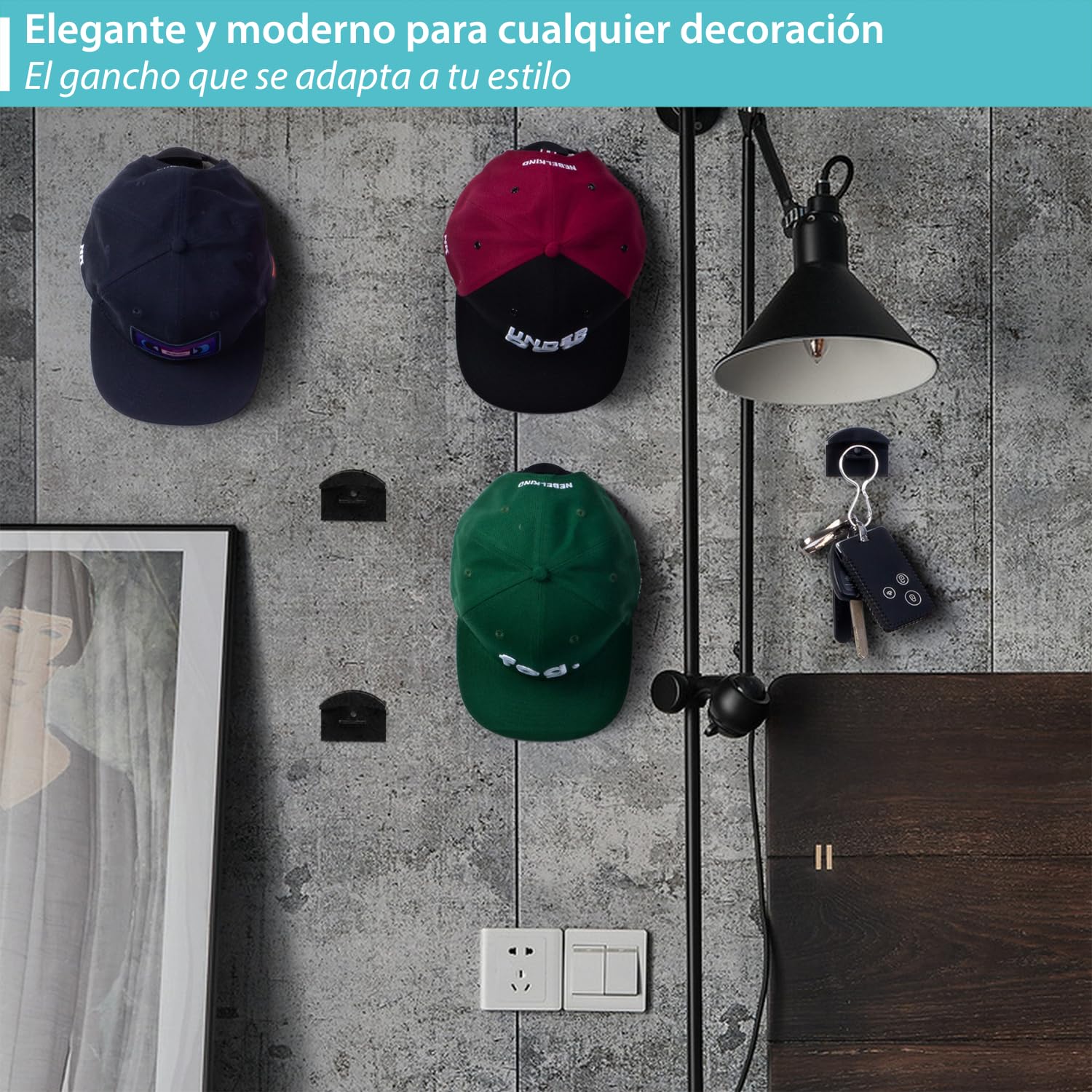 Colgador Gorras Organizador Negros – 10 Ganchos Pared (2 en 1 Adhesivo o Tornillos) Perchero Modular para Gorra Abrigo Ligero Auriculares Llaves Cuelga Hasta 1 Kg Estilo Moderno para Hogar y Armario
